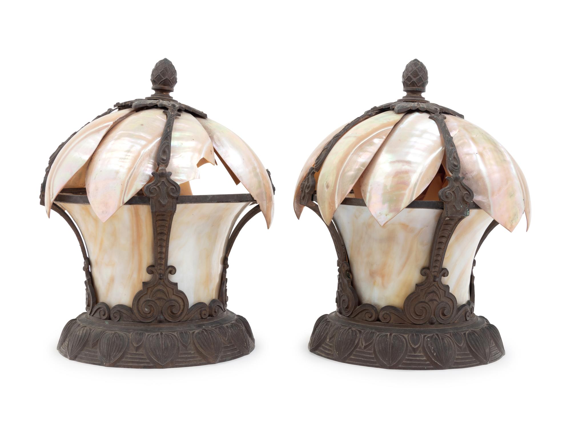 A Pair of American Cast Metal, Glass and Shell-Mounted Lanterns