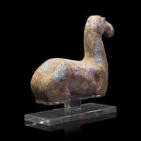 A Chinese Painted Grey Pottery Figure of Recumbent Horse, Han Dynasty 漢 彩繪灰陶馬