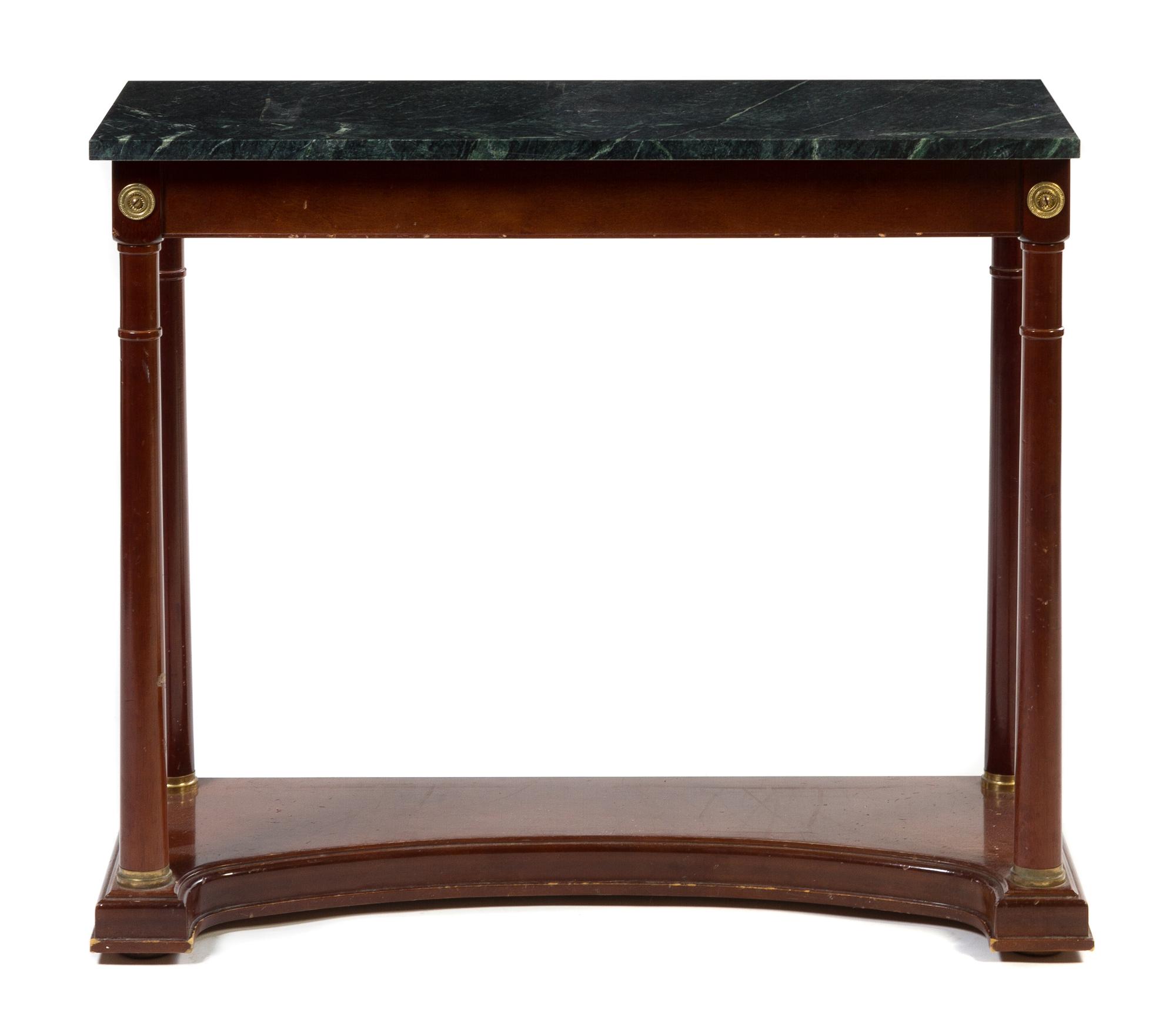 An Empire Style Mahogany Console Table Height 30 x width 34 x depth 14 inches.