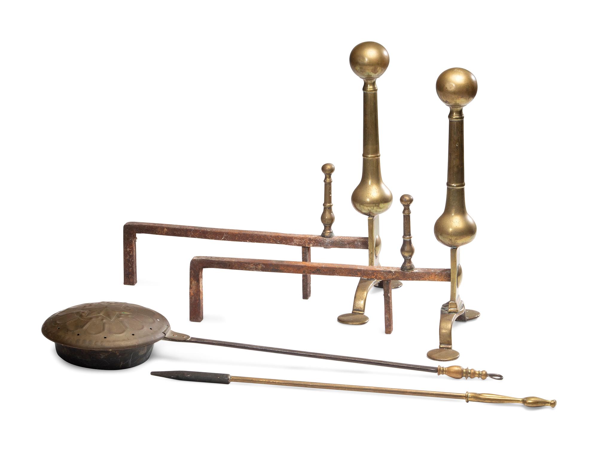 A Pair of Federal Brass and Wrought-Iron Andirons