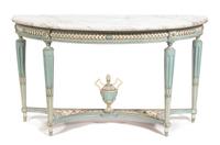 A Louis XVI Style Carved and Painted Marble Top Console Table Height 34 x width 60 x depth 22 inches. — 19TH CENTURY