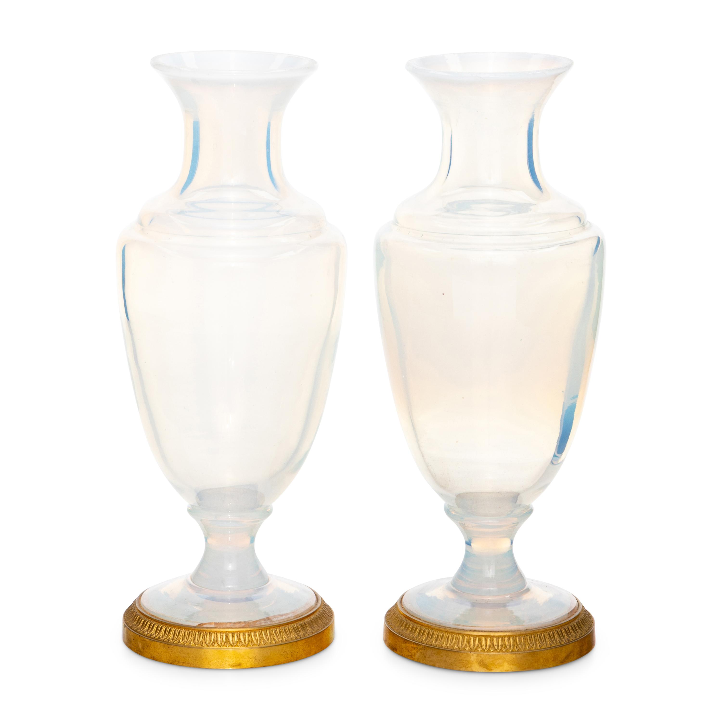 A Pair of Continental Gilt Bronze Mounted Opaline Glass Vases