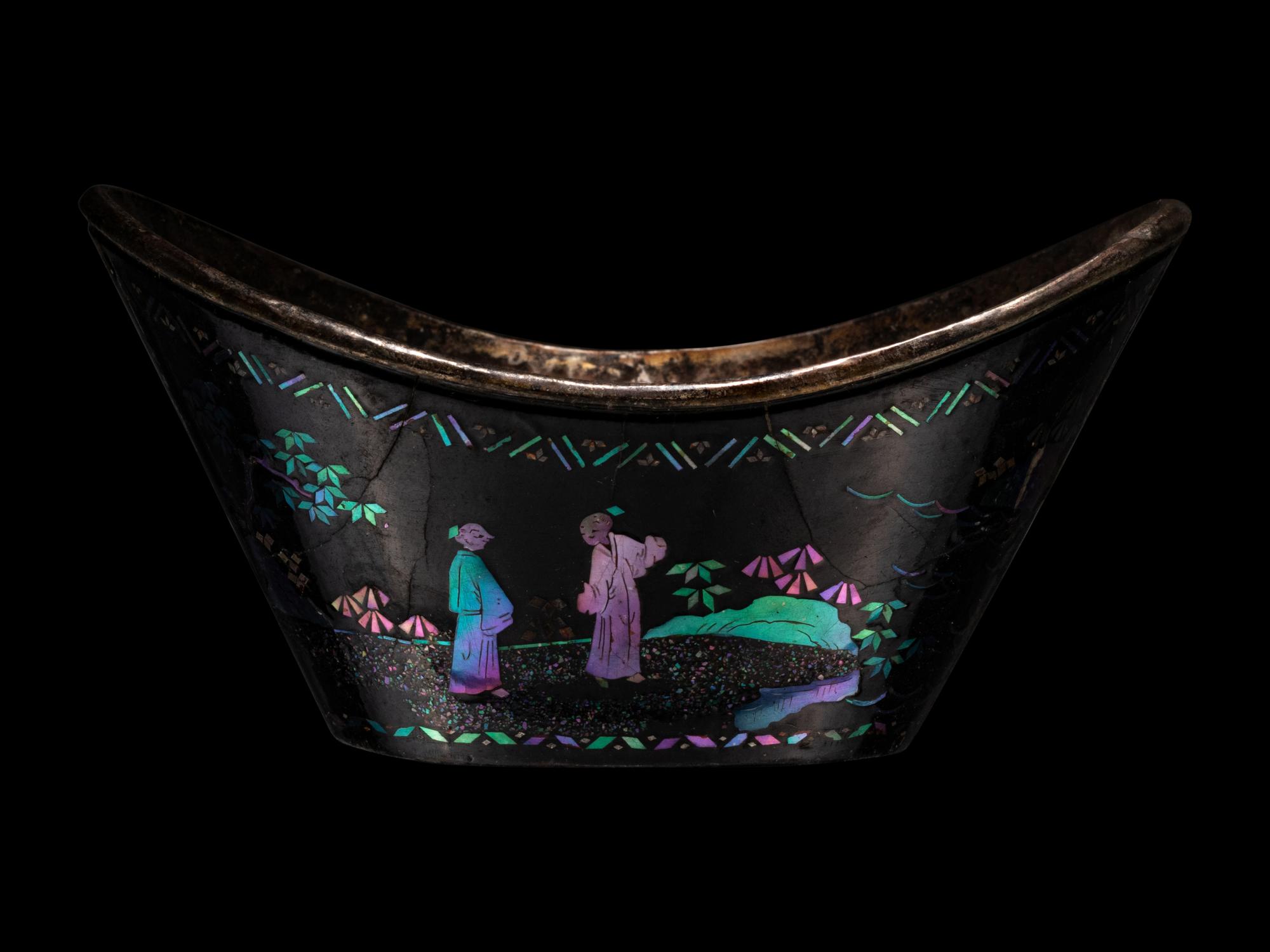 A Set of Six Mother-of-Pearl Inlaid Black Lacquer Ingot-Form Cups