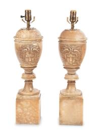 A Pair of Italian Alabaster Urns Mounted as Lamps with Silk Shades