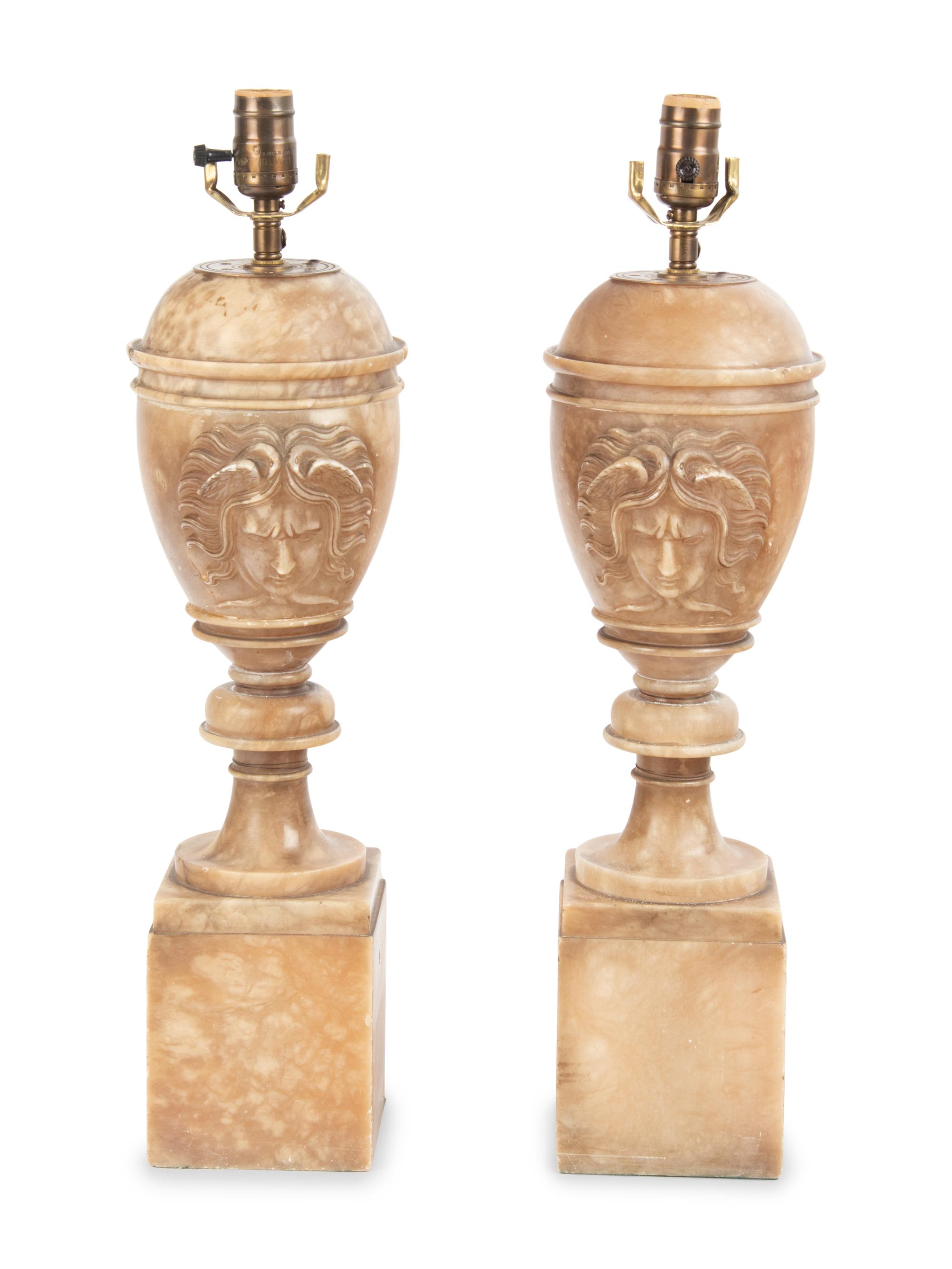 A Pair of Italian Alabaster Urns Mounted as Lamps with Silk Shades