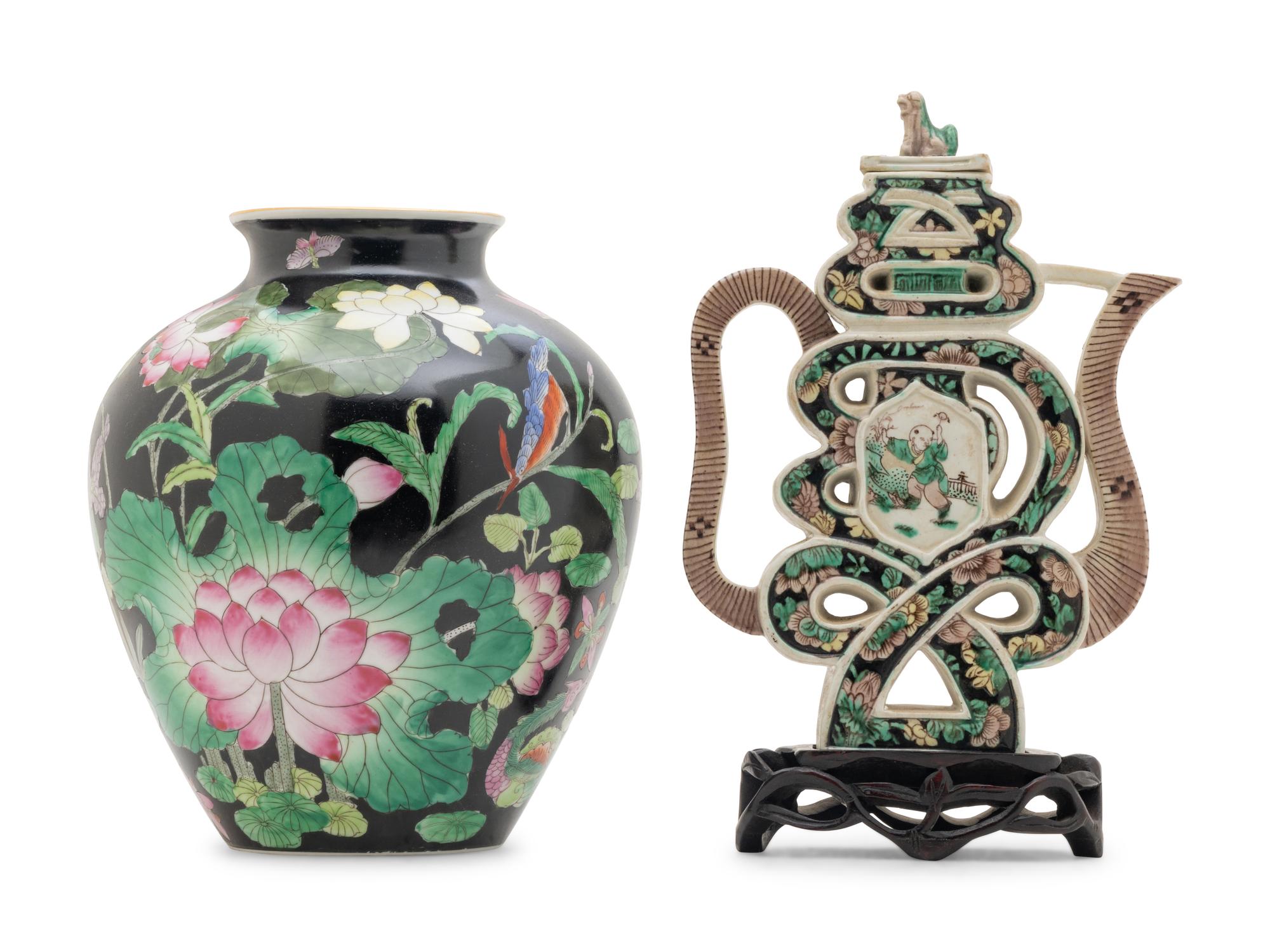 Two Chinese Black Ground Famille Rose Porcelain Articles