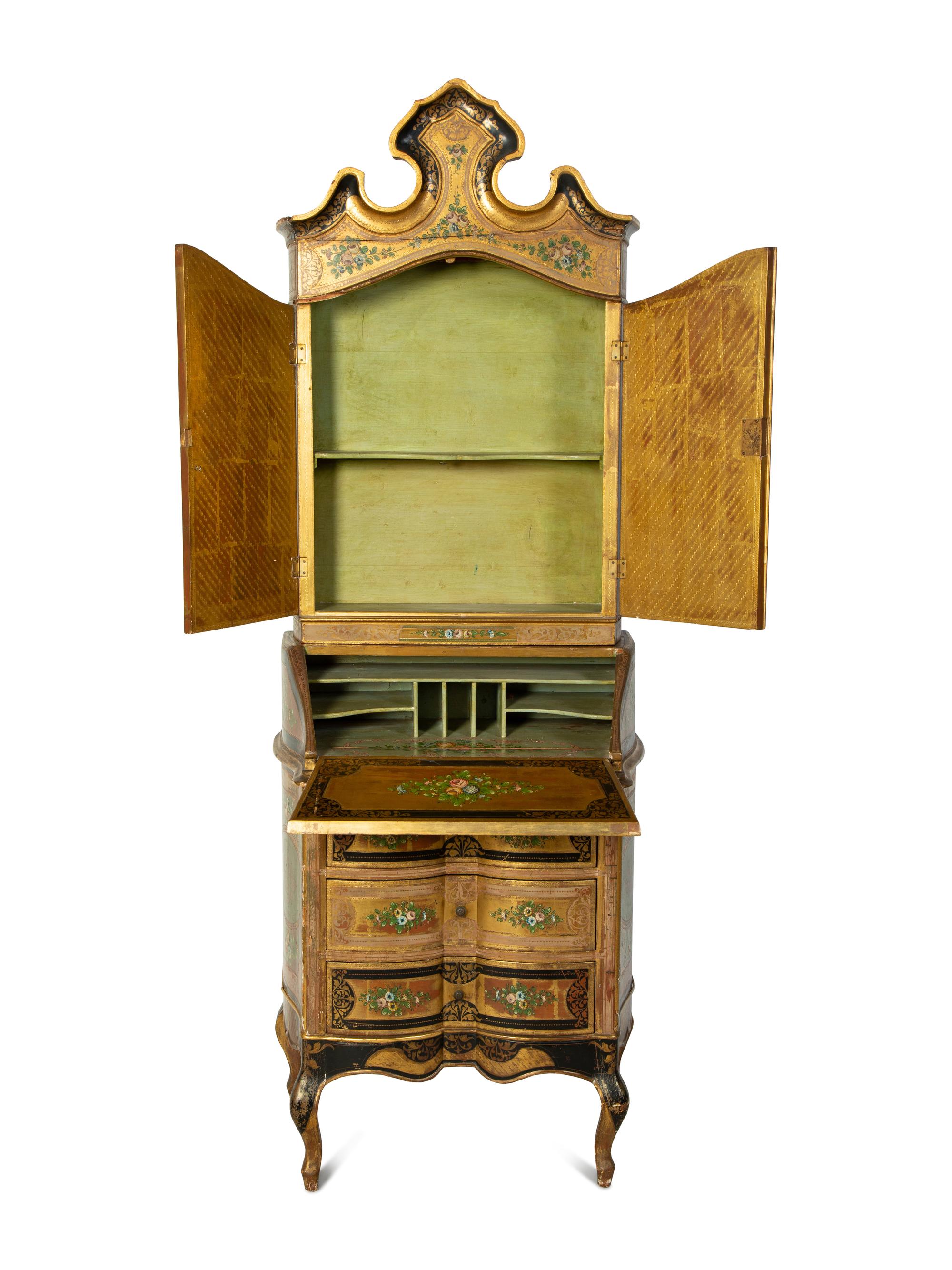 A Venetian Style Polychrome Lacquered Secretary Bookcase — 19TH CENTURY