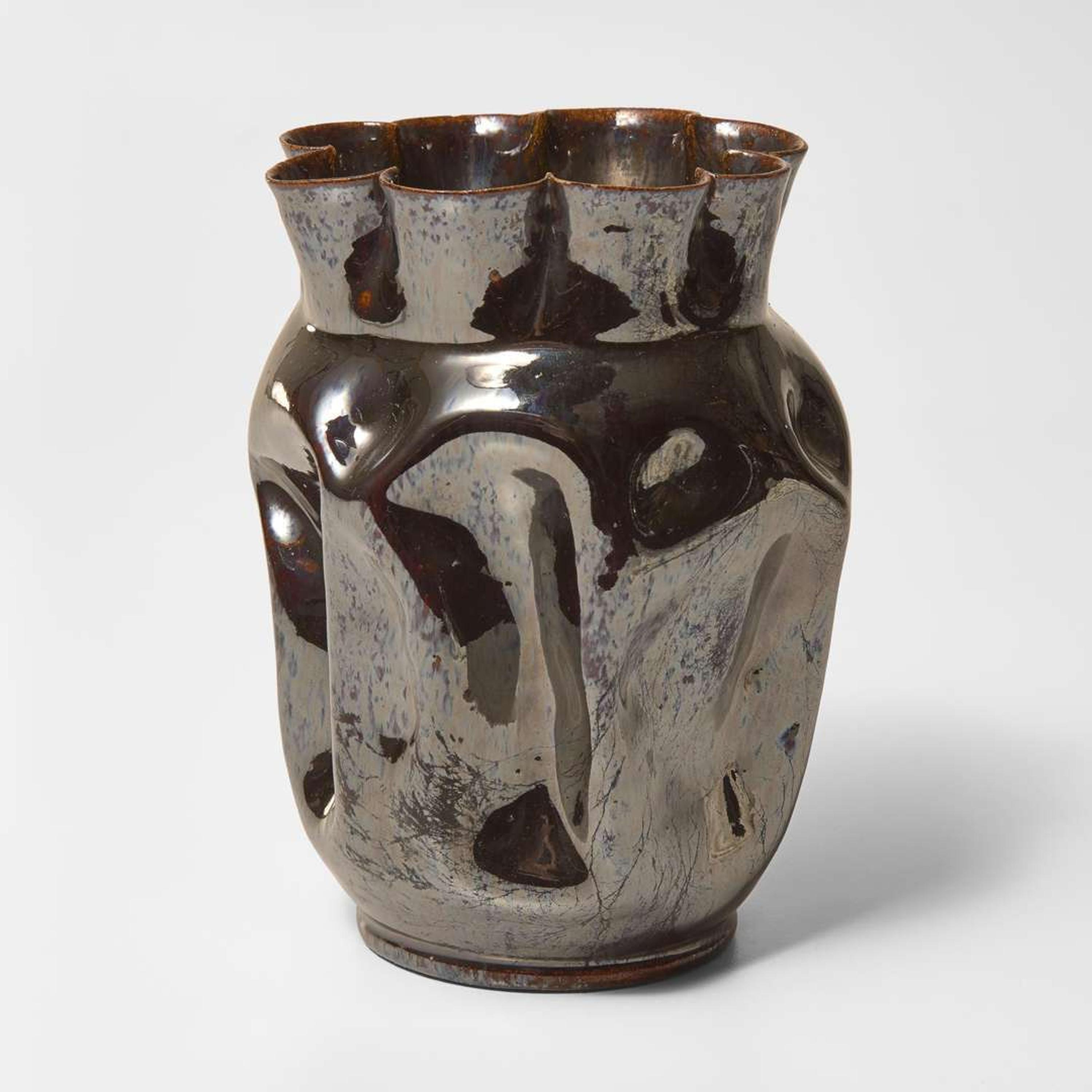 George Ohr (American, 1857-1918) Large Lobed and Dimpled Vase in Metallic Brown Gunmetal Glaze, Biloxi, Mississippi, USA, circa 1897-1900