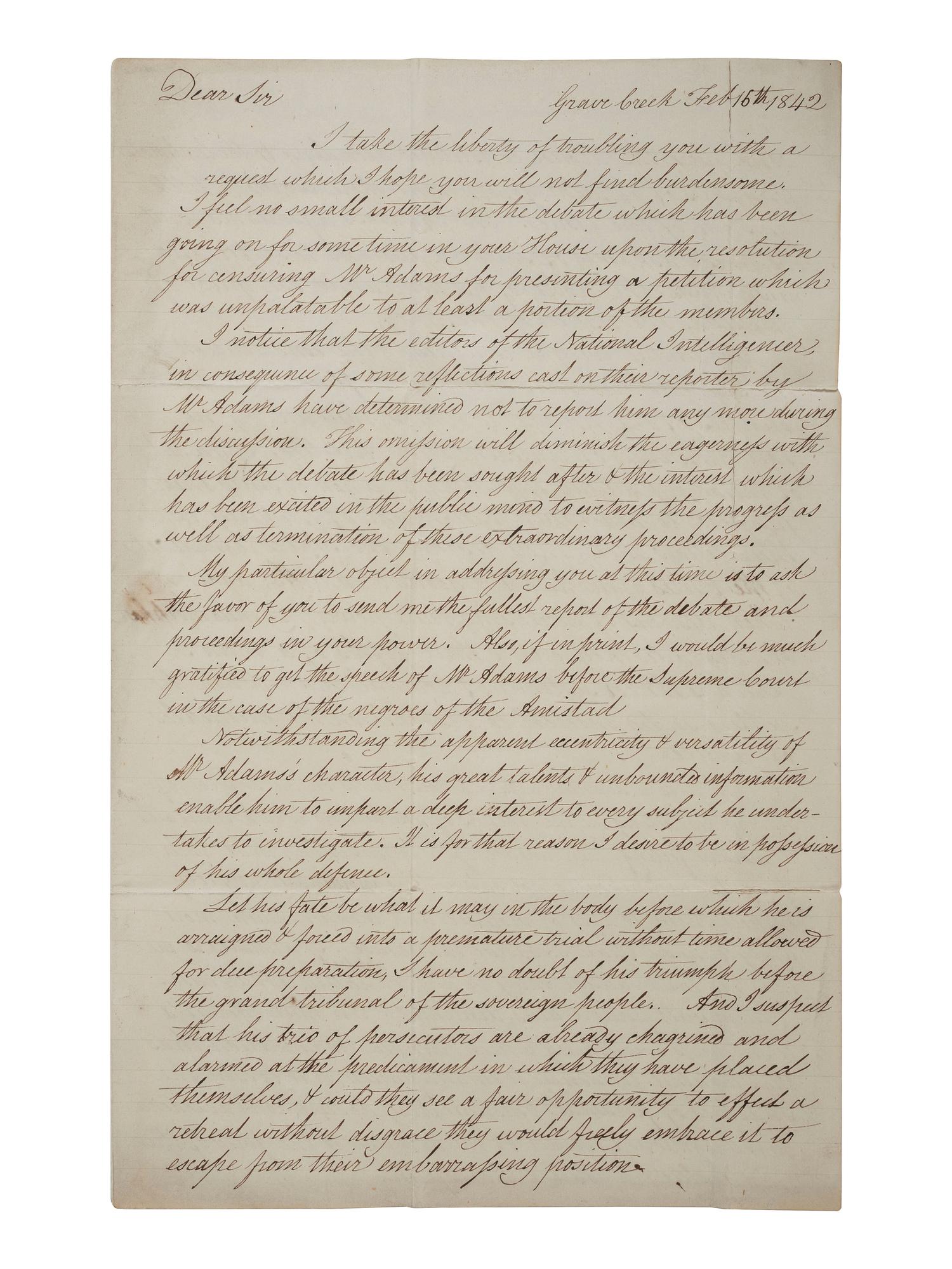 [SLAVERY & ABOLITION -- AMISTAD]. McCLEAN, Arch. Autograph letter signed ("Arch McClean"), to Congressman Francis JAMES (1799-1886). Grave Creek, VA, 16 February 1842. Discussing the Amistad case.