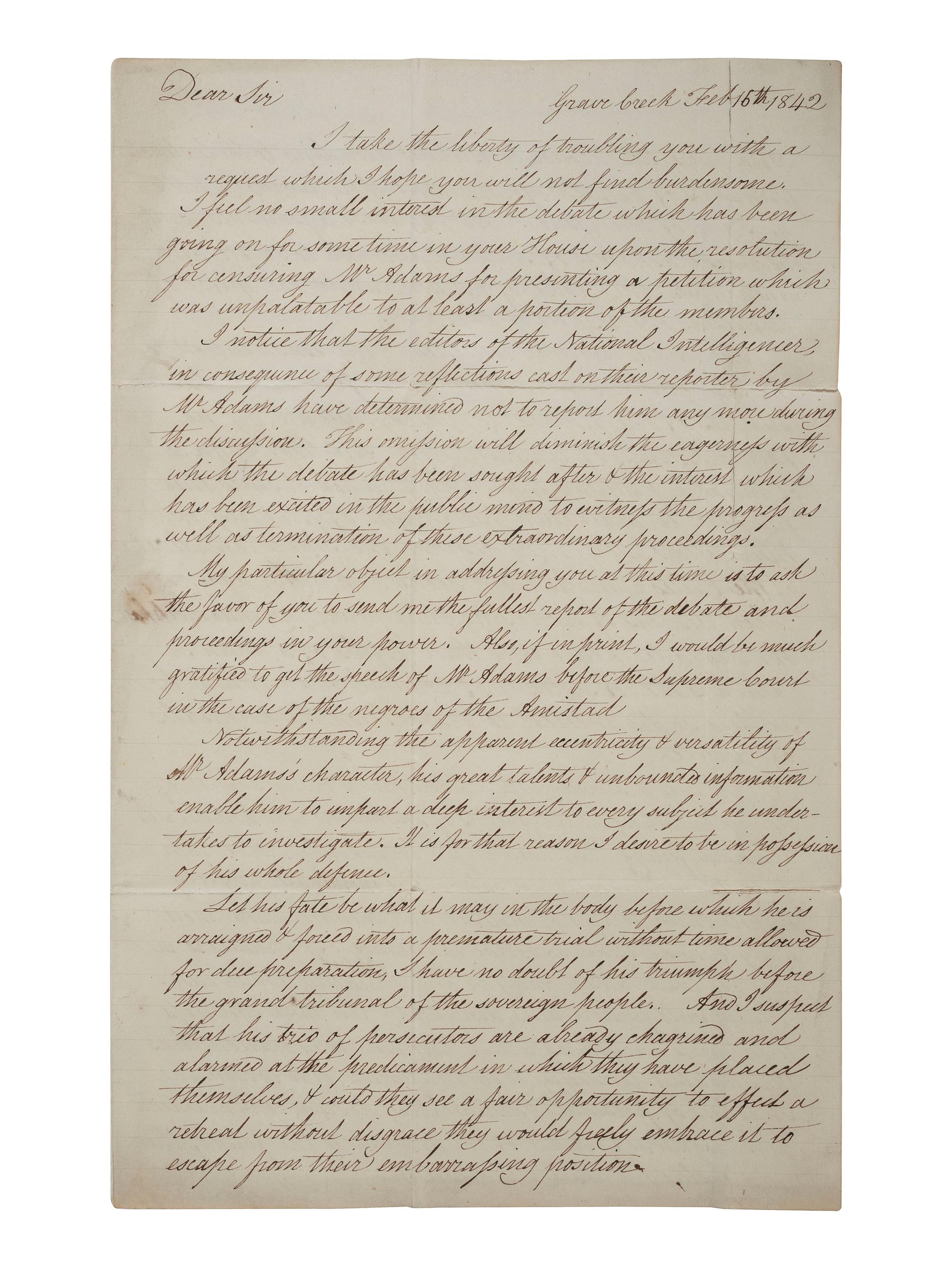 [SLAVERY & ABOLITION -- AMISTAD]. McCLEAN, Arch. Autograph letter signed ("Arch McClean"), to Congressman Francis JAMES (1799-1886). Grave Creek, VA, 16 February 1842. Discussing the Amistad case.