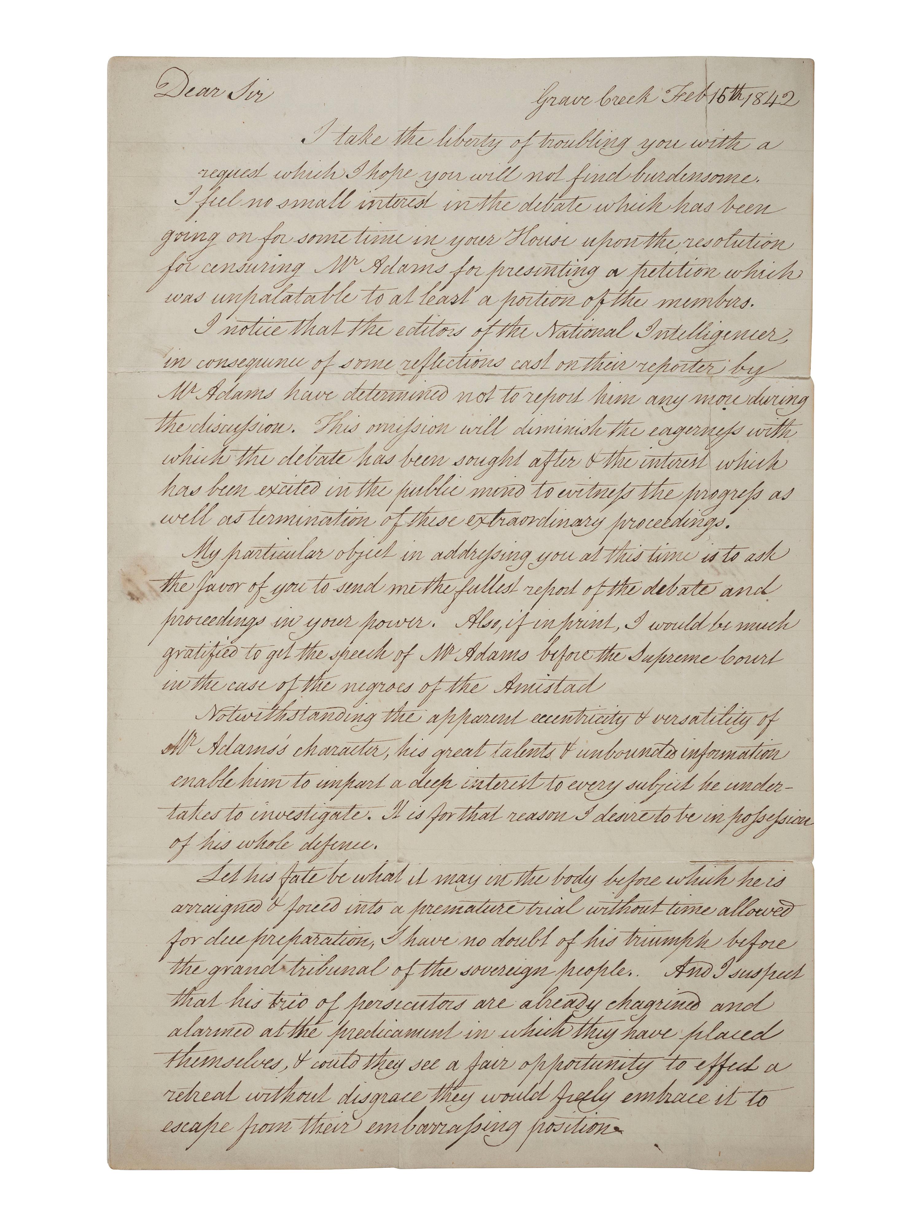 [SLAVERY & ABOLITION -- AMISTAD]. McCLEAN, Arch. Autograph letter signed ("Arch McClean"), to Congressman Francis JAMES (1799-1886). Grave Creek, VA, 16 February 1842. Discussing the Amistad case.