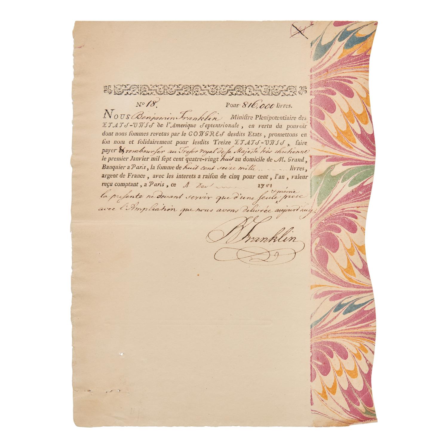 [American Revolution] Franklin, Benjamin. Partially-Printed Promissory Note, accomplished and twice signed