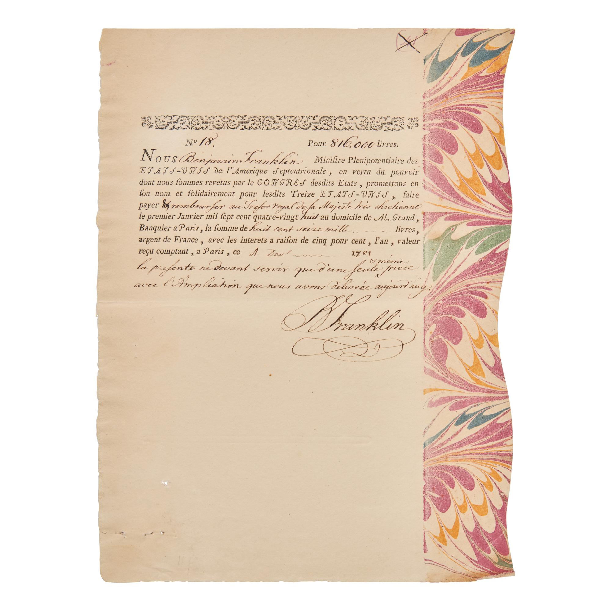 [American Revolution] Franklin, Benjamin. Partially-Printed Promissory Note, accomplished and twice signed