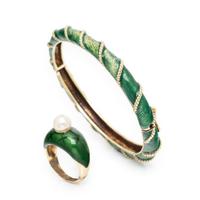 Green Enamel and Yellow Gold Ring and Bangle Bracelet