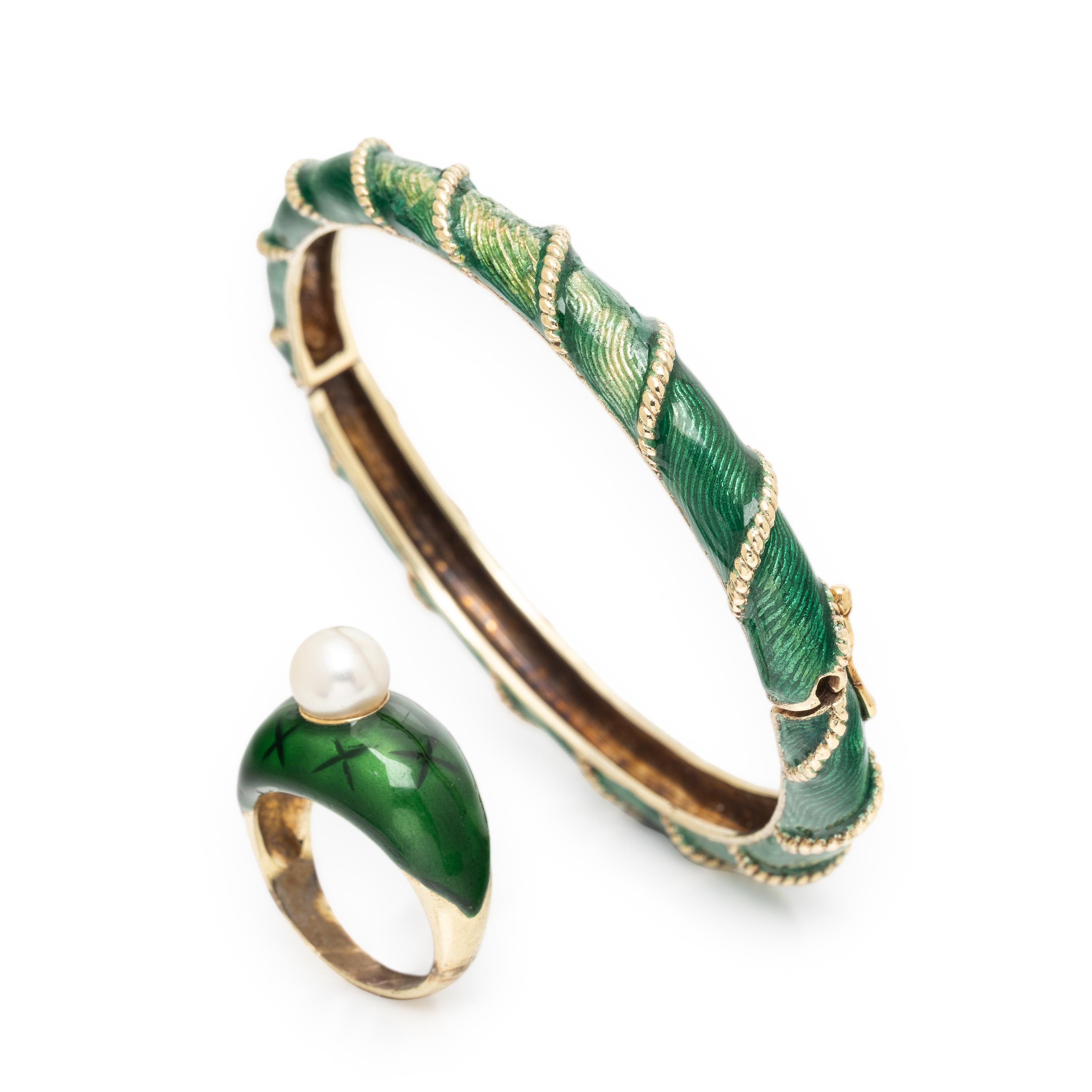 Green Enamel and Yellow Gold Ring and Bangle Bracelet