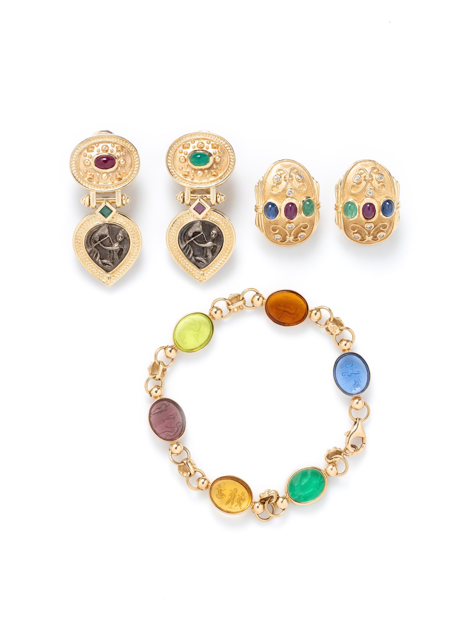 COLLECTION OF YELLOW GOLD, GEMSTONE AND GLASS JEWELRY