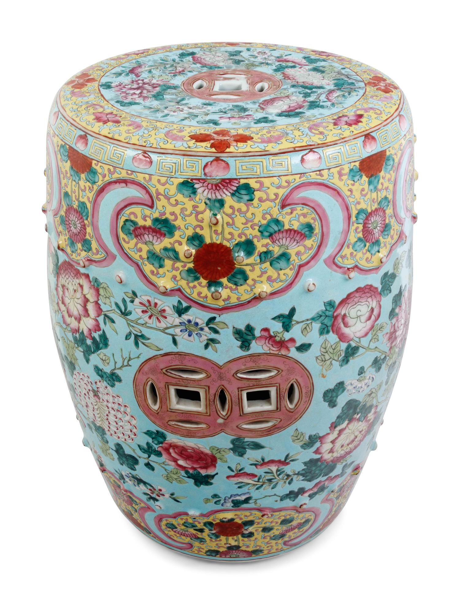 A Chinese Export Enameled Porcelain Garden Seat