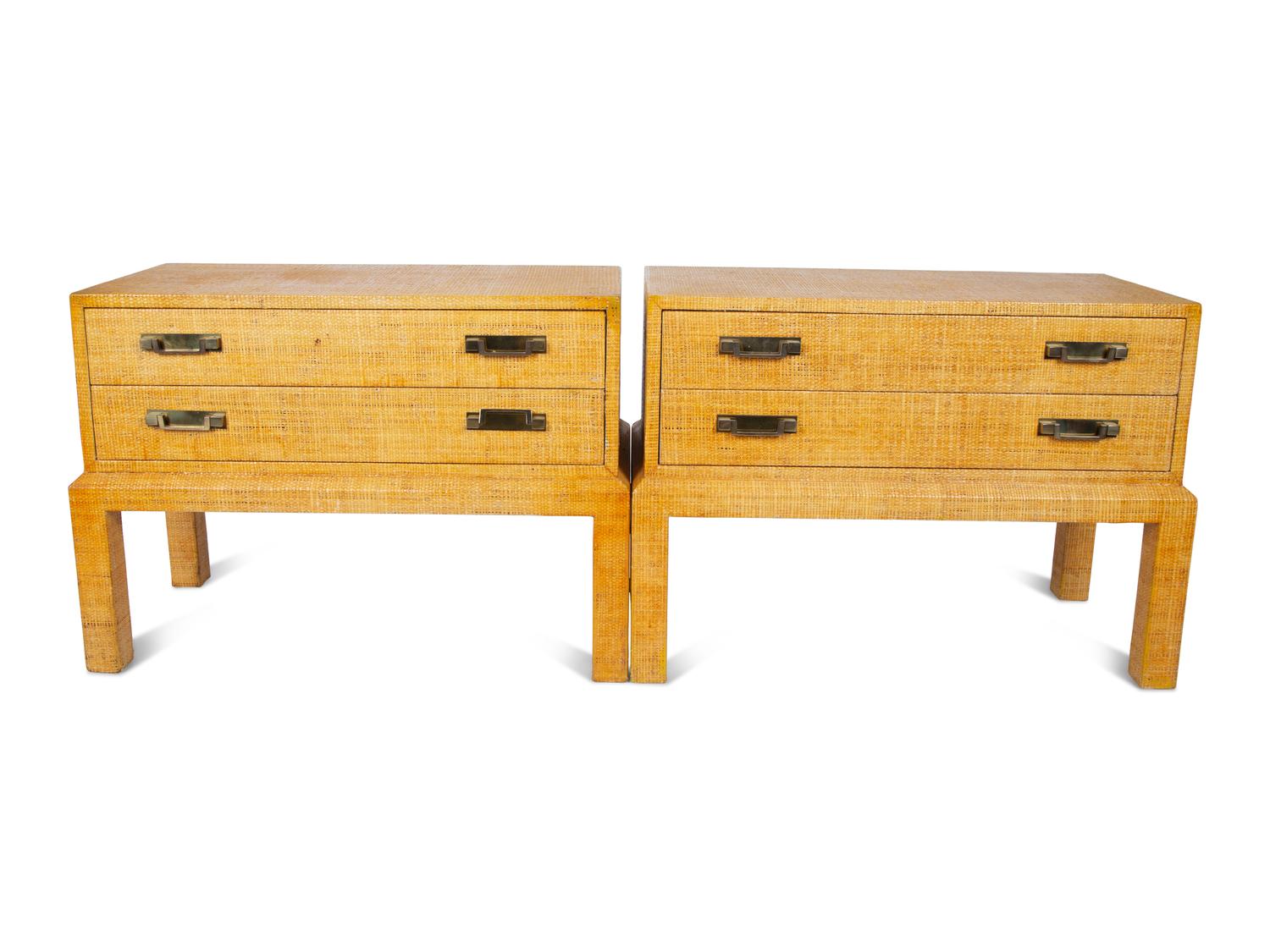 A Pair of Lacquered Raffia-Veneered Two-Drawer Side Tables