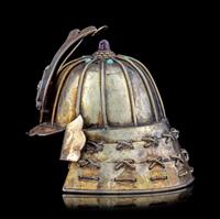 A Japanese Minature Helmet-Form Silver Bonbonnière