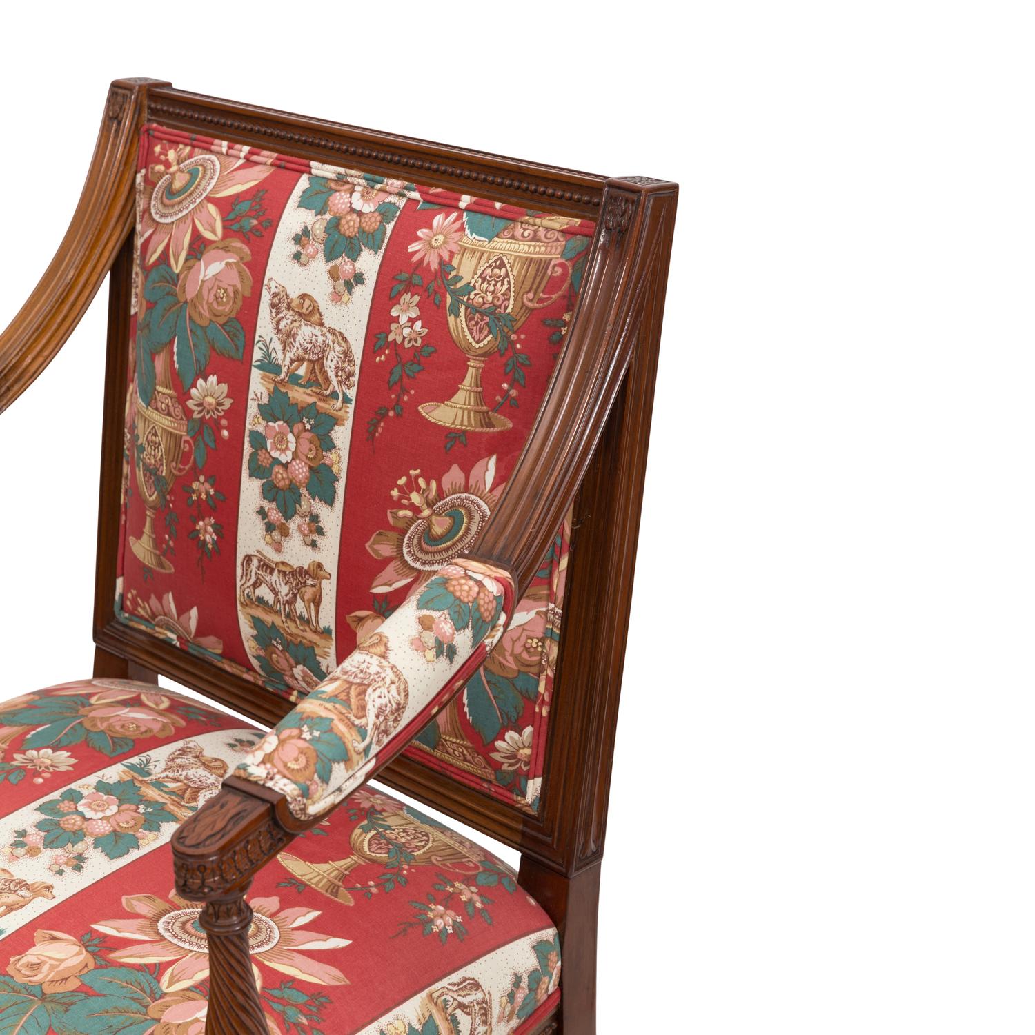 A Pair of Louis XVI Style Fauteuils with Striped Upholstery