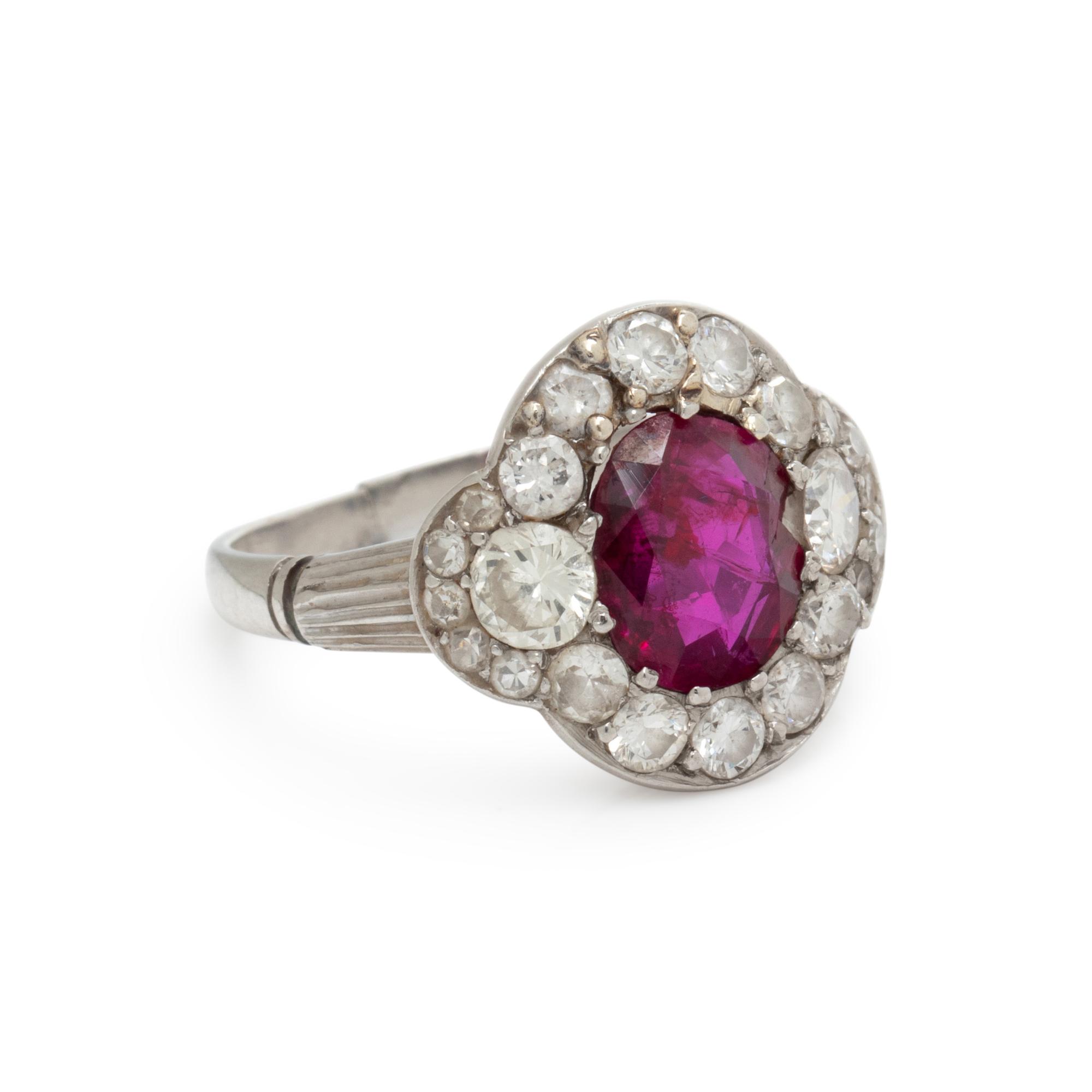PLATINUM, DIAMOND, AND FRACTURE-FILLED RUBY RING