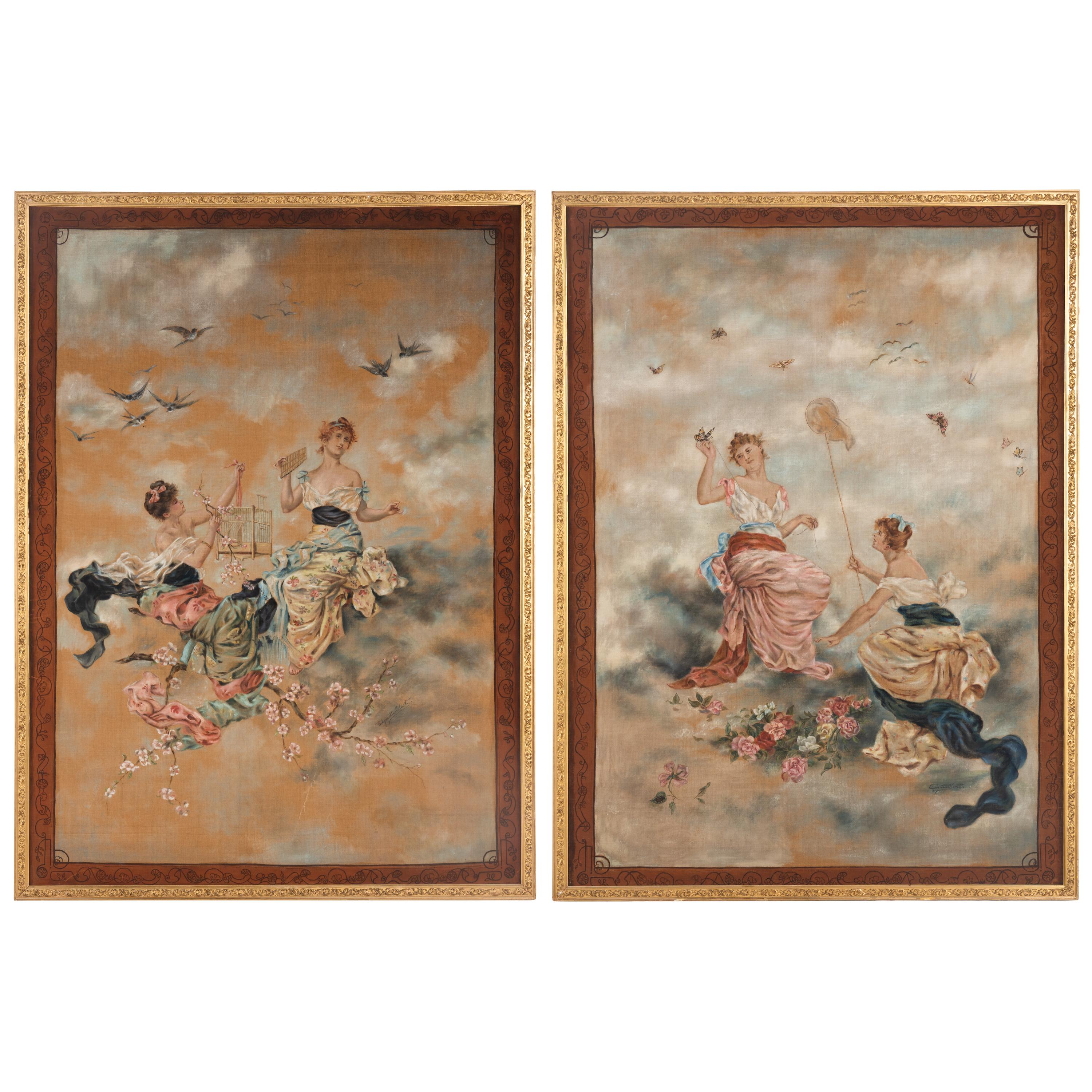 A Pair of Continental Painted Canvas Tapestry Panels