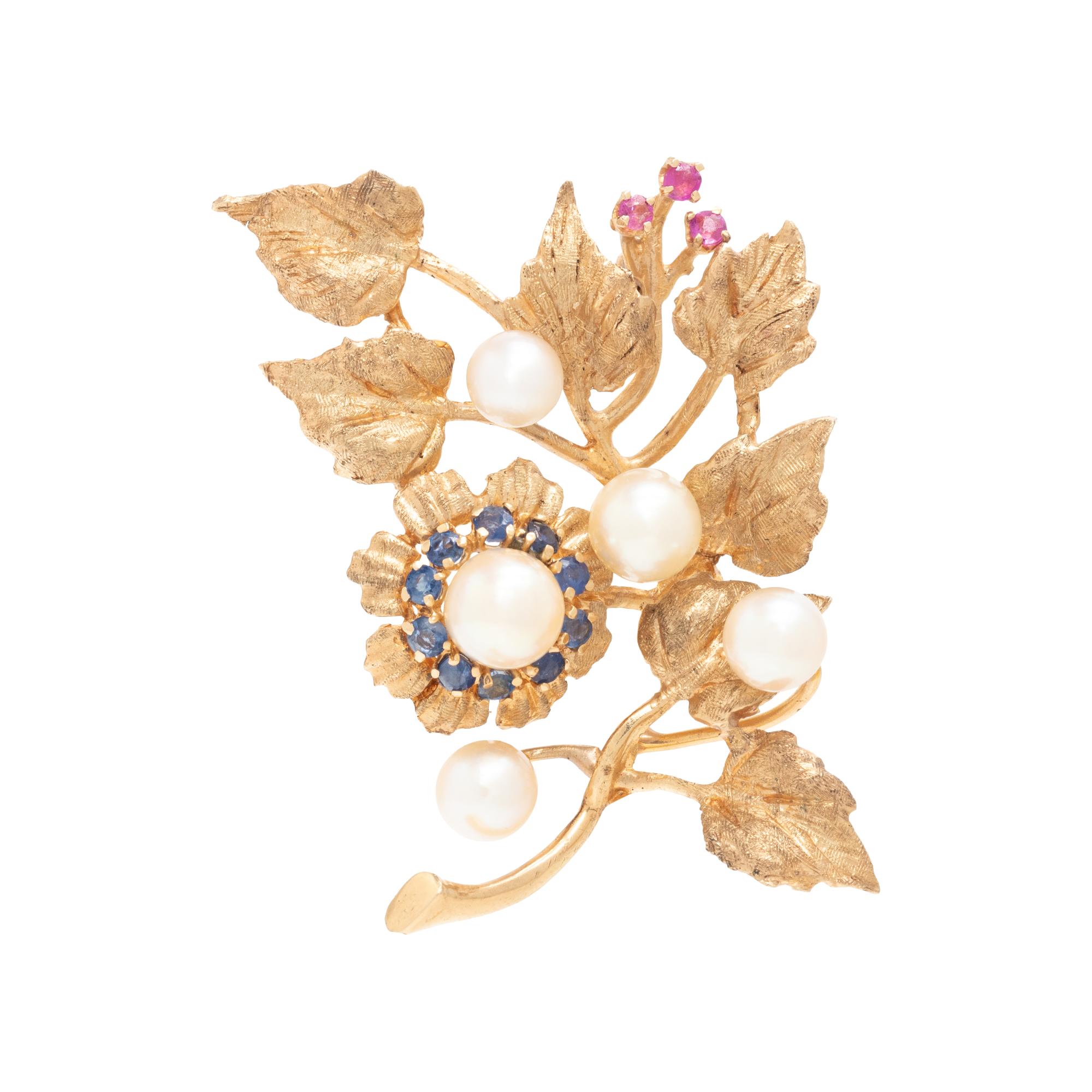 YELLOW GOLD, CULTURED PEARL AND GEMSTONE BROOCH