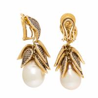 Yvel, Cultured Pearl, Colored Diamond, and Yellow Gold Earrings