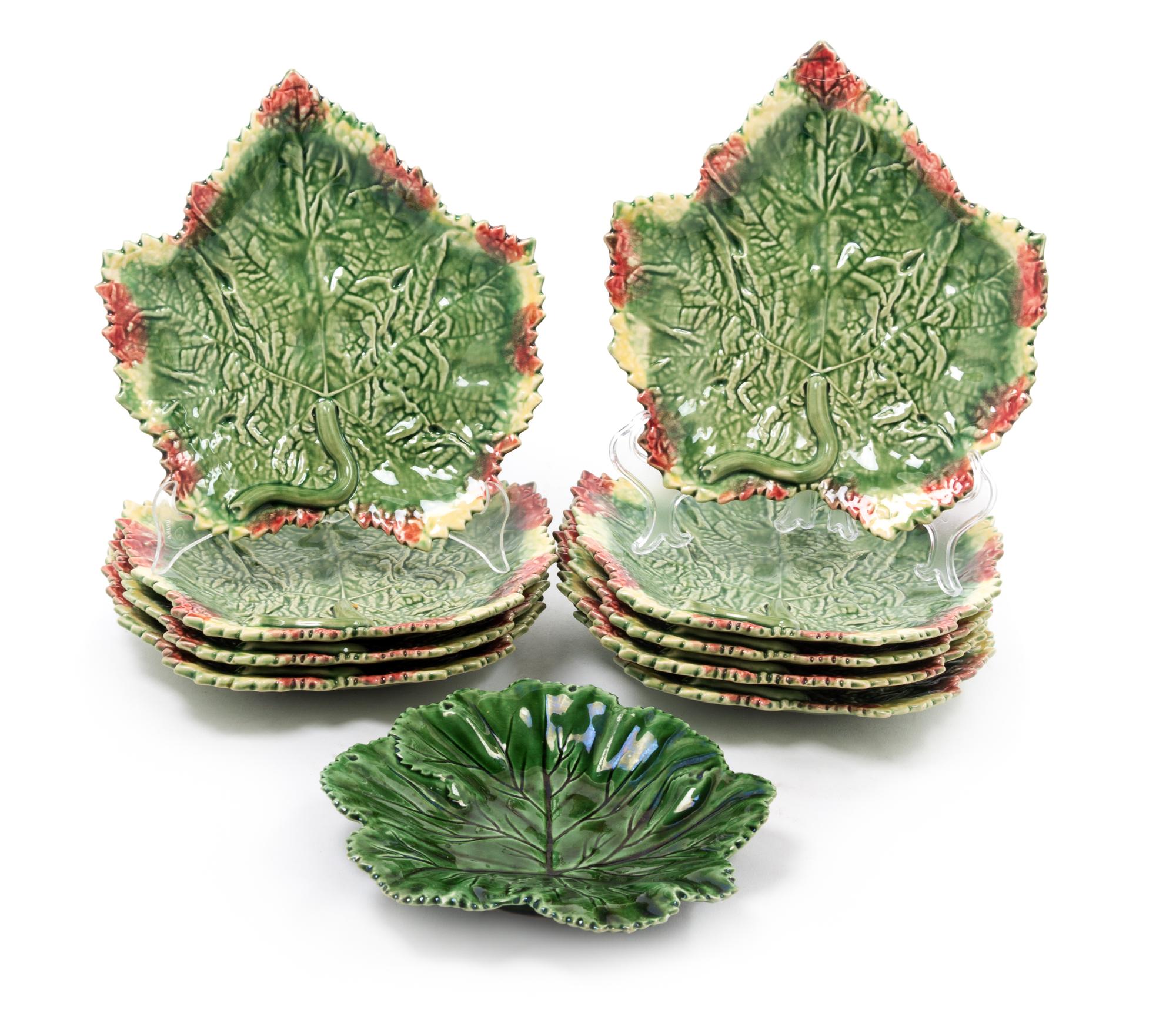 Ten Portuguese Majolica Maple Leaf Form Dishes Length of longest 9 1/2 inches. — 20TH CENTURY