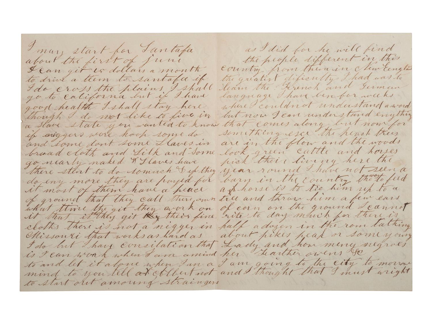 [SLAVERY & ABOLITION]. CRAM, Charles H. Autograph letter signed ("Charles M. Cram"). [Missouri], 1 April 1860. Describing life for Black people in Missouri.