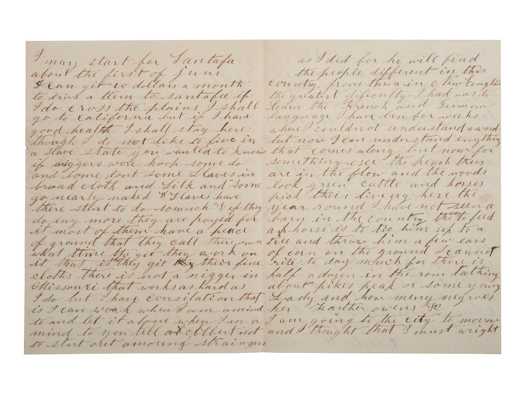[SLAVERY & ABOLITION]. CRAM, Charles H. Autograph letter signed ("Charles M. Cram"). [Missouri], 1 April 1860. Describing life for Black people in Missouri.