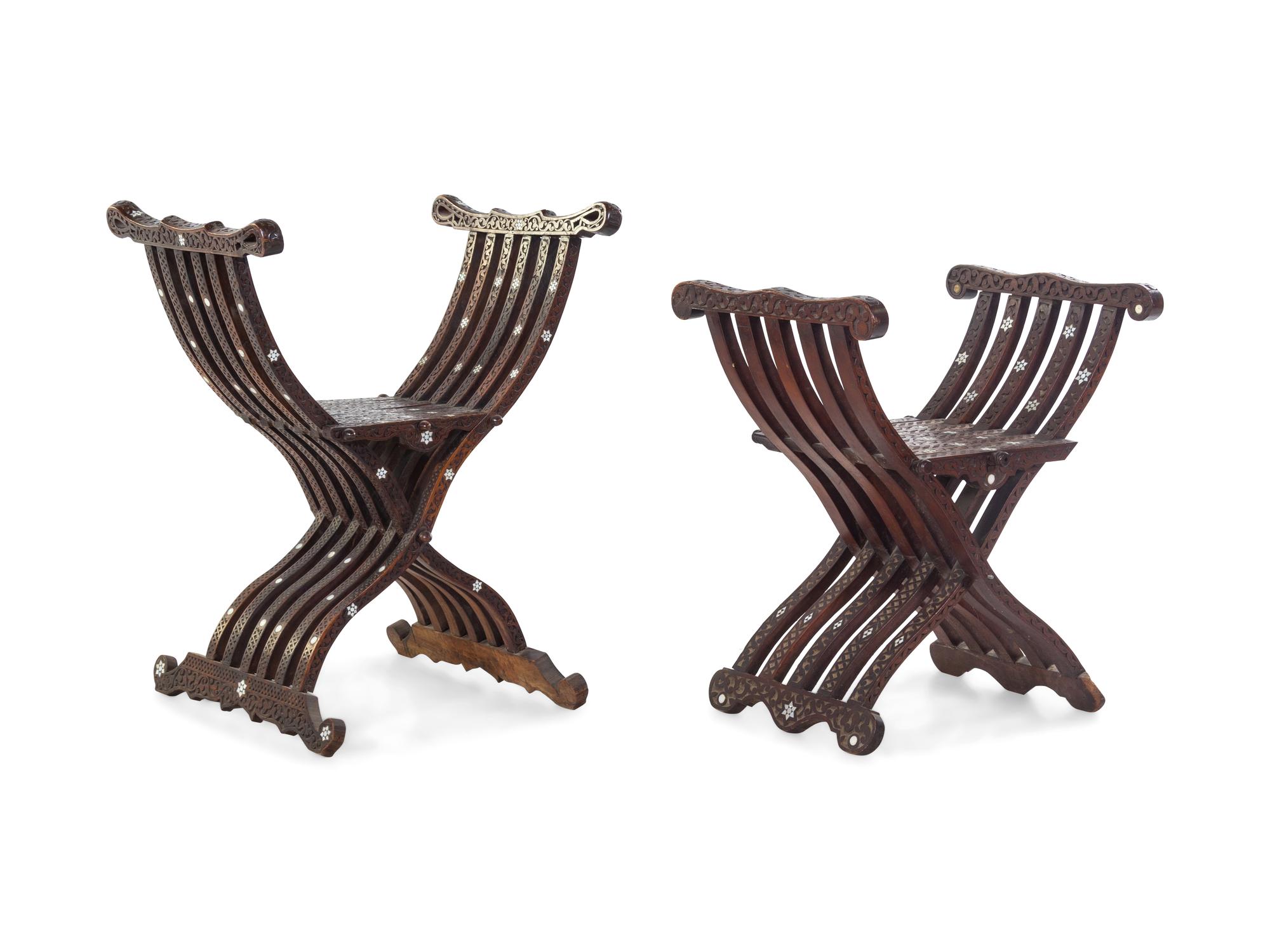 Two Syrian Mother-of-Pearl Inlaid Savonarola Chairs