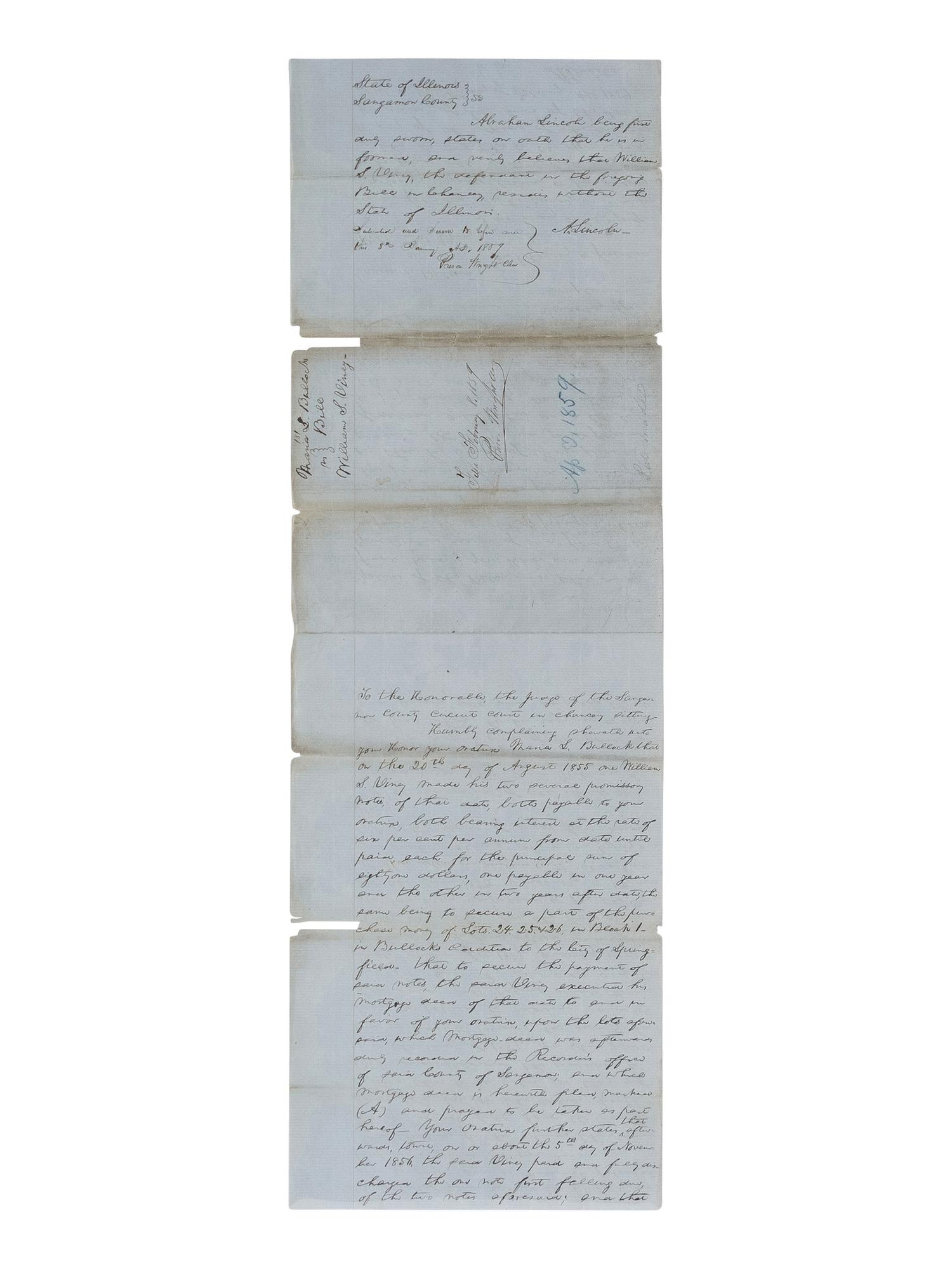 LINCOLN, Abraham (1809-1865). A small archive of 9 manuscript and partially printed documents relating to the Bullock Land Transaction, Springfield, Illinois, 1855-1859, comprising: