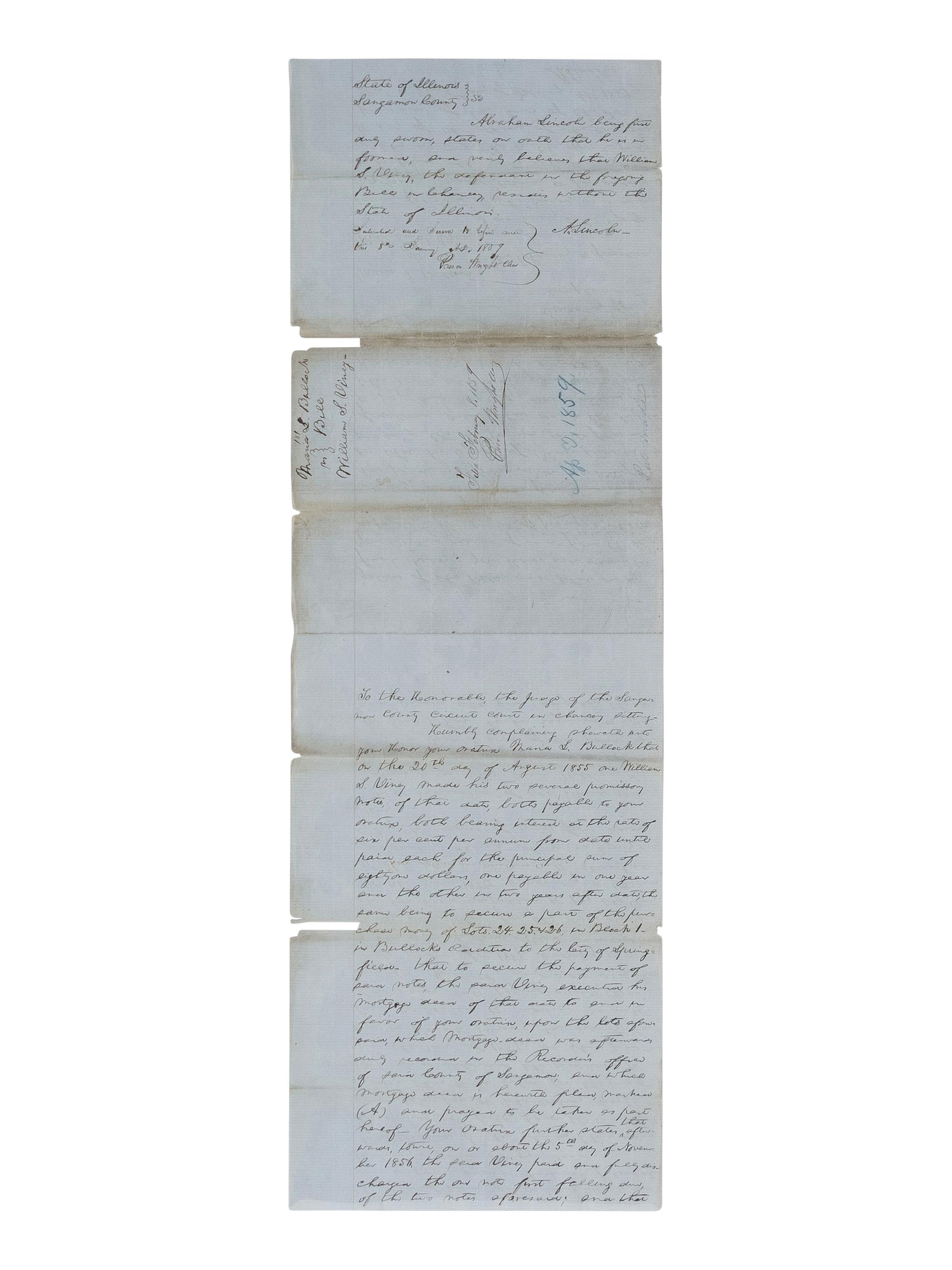 LINCOLN, Abraham (1809-1865). A small archive of 9 manuscript and partially printed documents relating to the Bullock Land Transaction, Springfield, Illinois, 1855-1859, comprising: