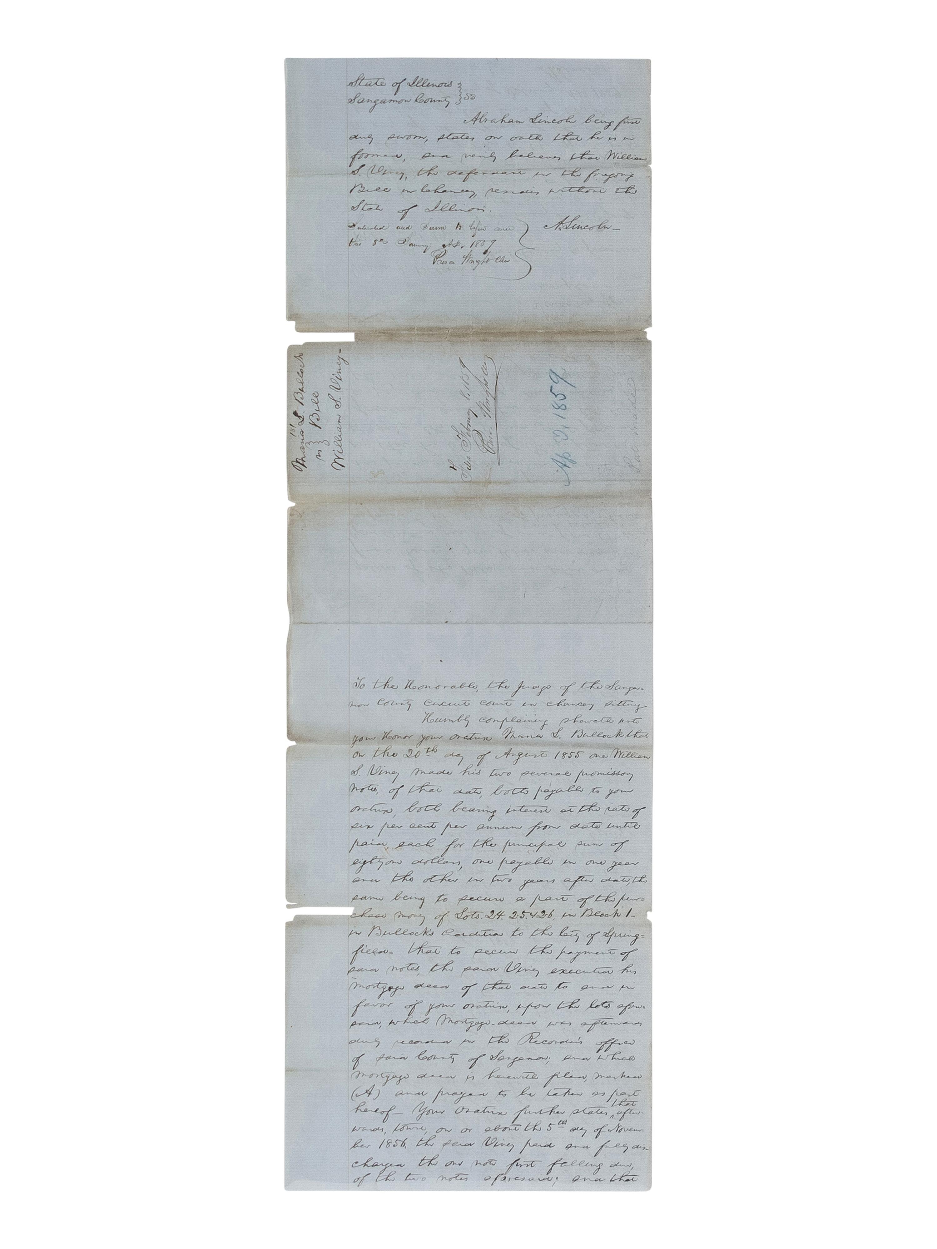 LINCOLN, Abraham (1809-1865). A small archive of 9 manuscript and partially printed documents relating to the Bullock Land Transaction, Springfield, Illinois, 1855-1859, comprising: