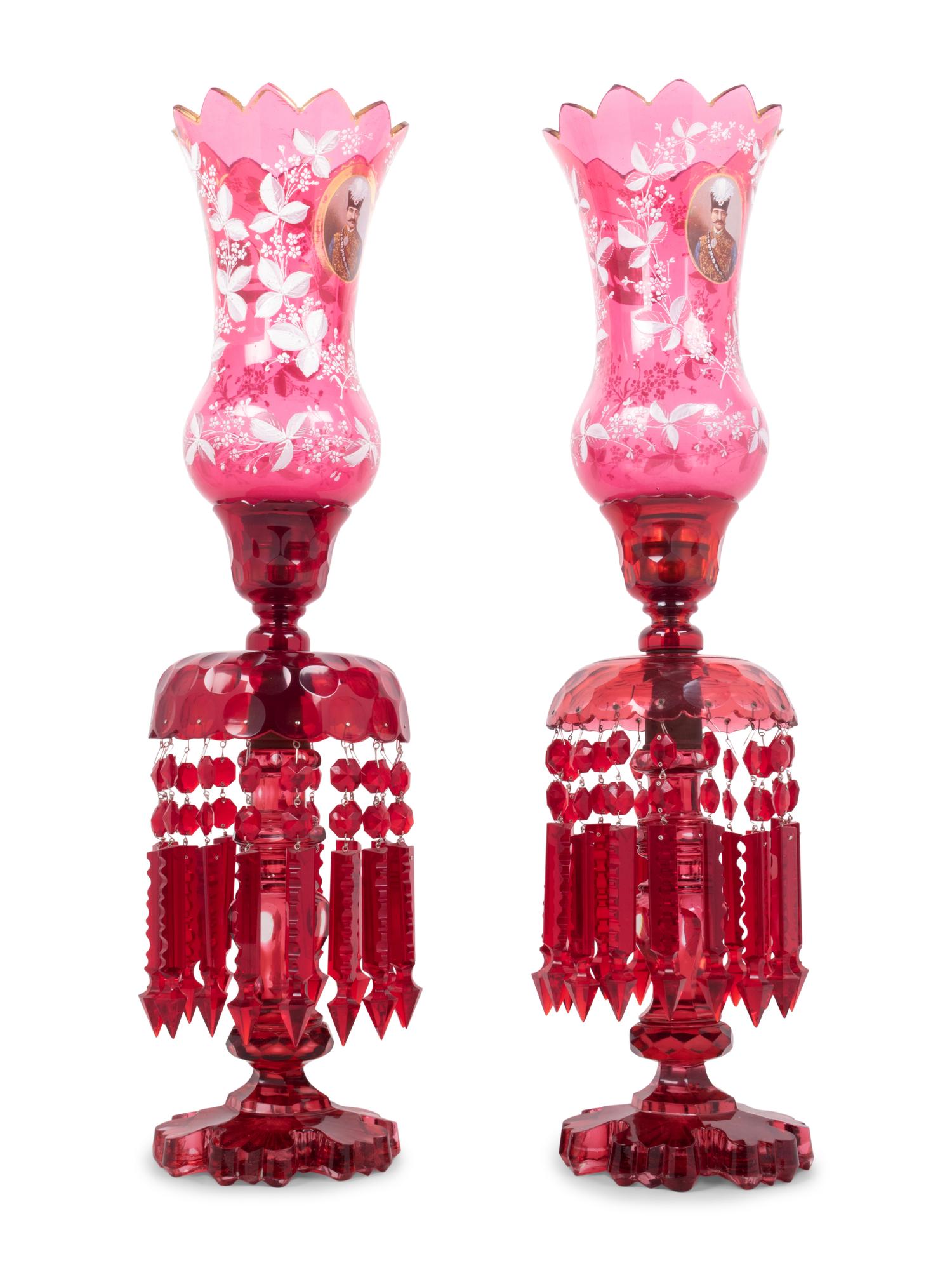 A Pair of Persian Market Enameled Glass Oil Lamps