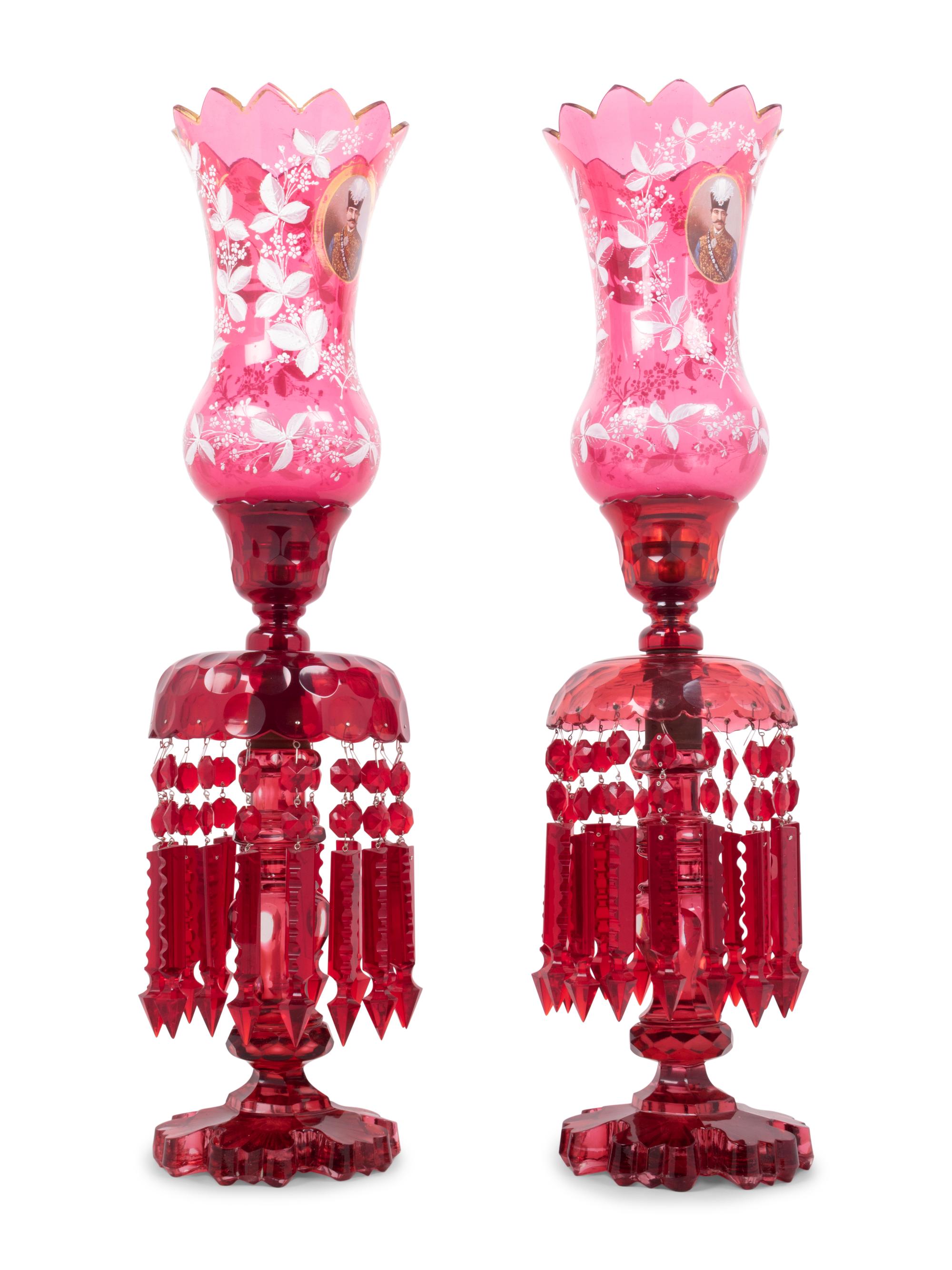 A Pair of Persian Market Enameled Glass Oil Lamps