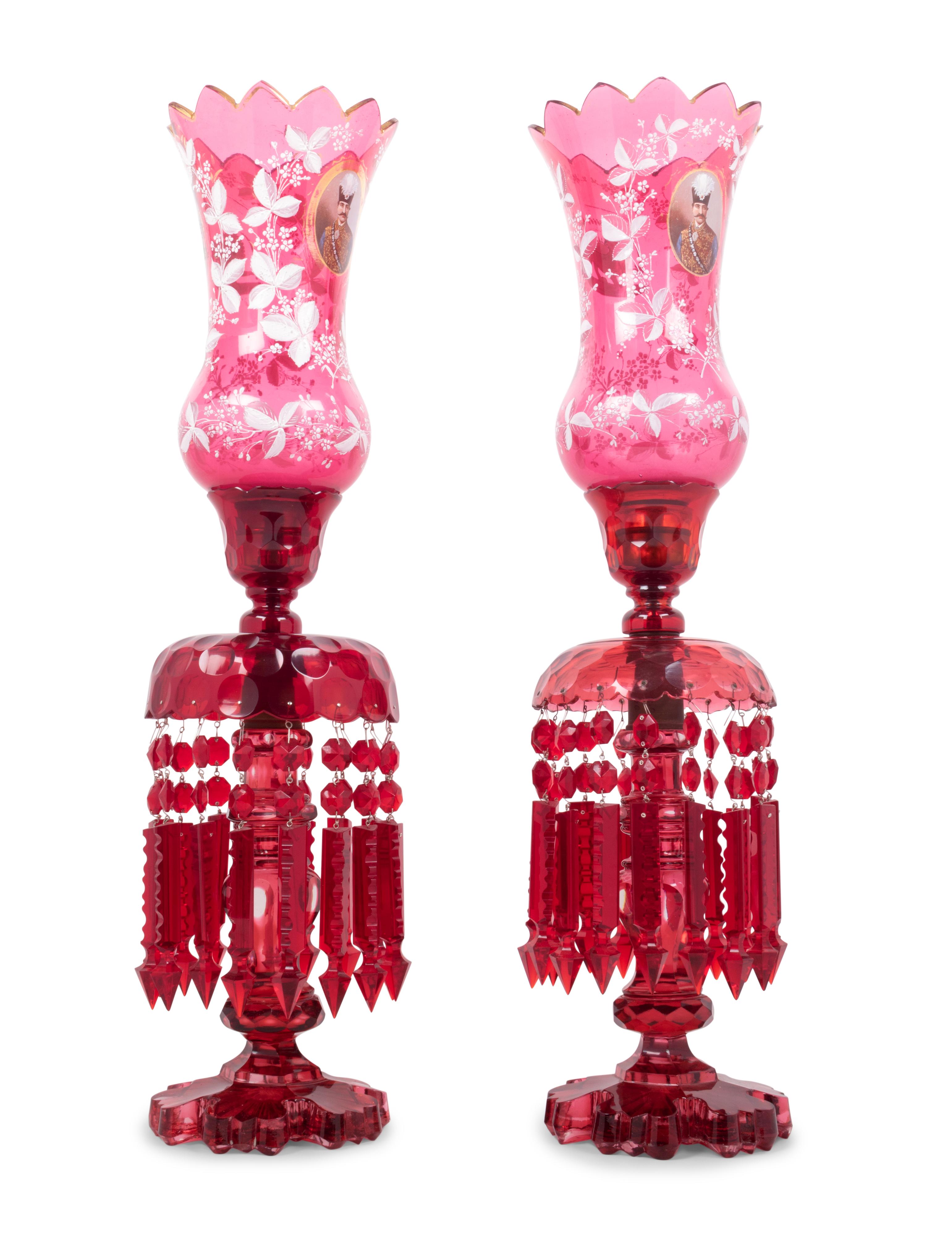A Pair of Persian Market Enameled Glass Oil Lamps