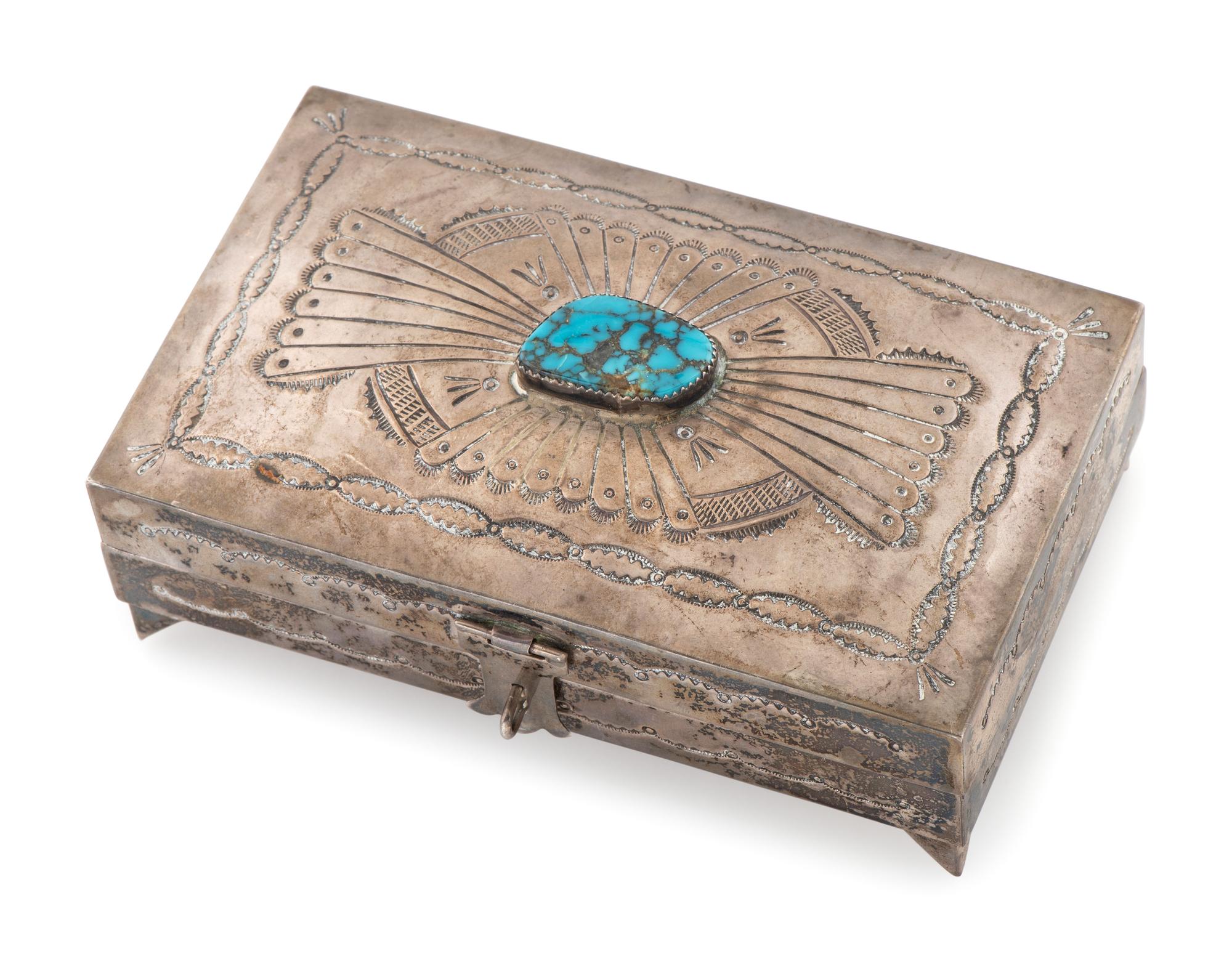 Stamped Silver and Turquoise Lidded Box