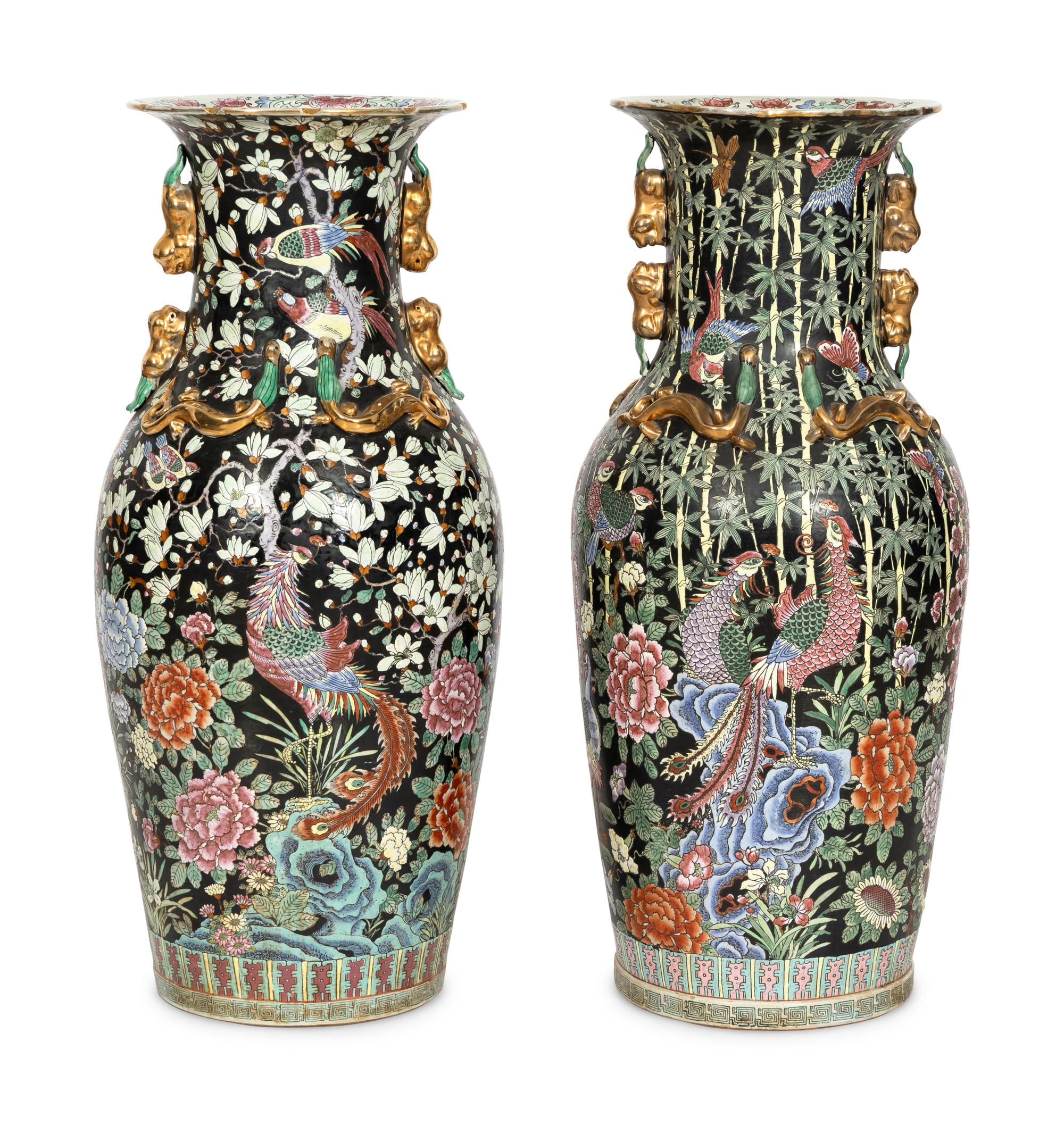 A Pair of Large Famille Noir Porcelain Floor Vases