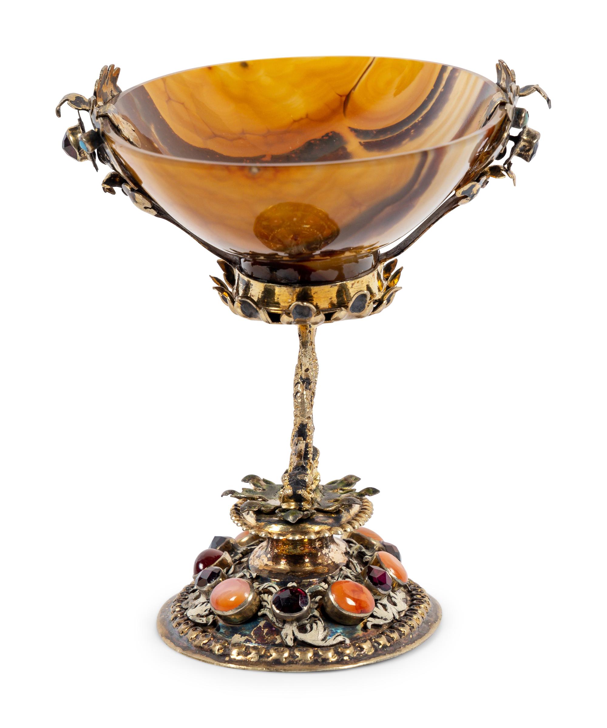 A German Enameled Silver-Gilt, Jewel and Carved Agate Cup