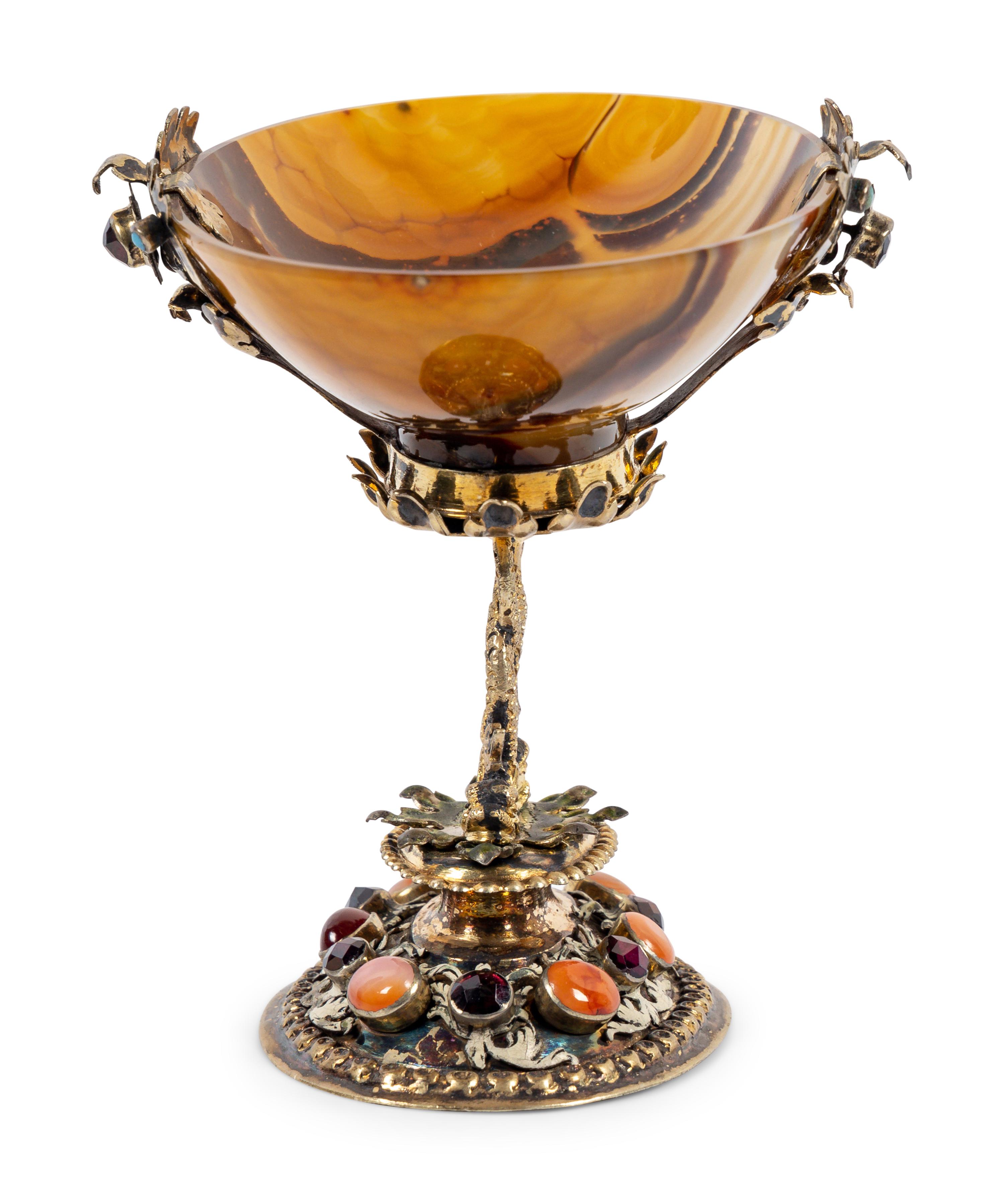 A German Enameled Silver-Gilt, Jewel and Carved Agate Cup