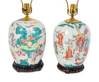 A Pair of Famille Verte Porcelain Jars Mounted as Lamps