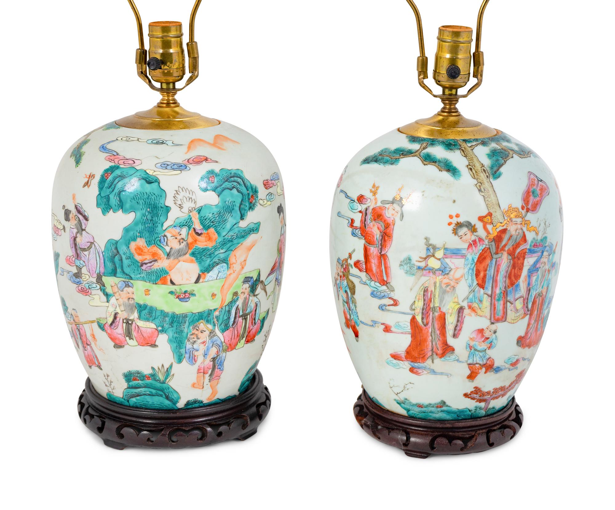 A Pair of Famille Verte Porcelain Jars Mounted as Lamps