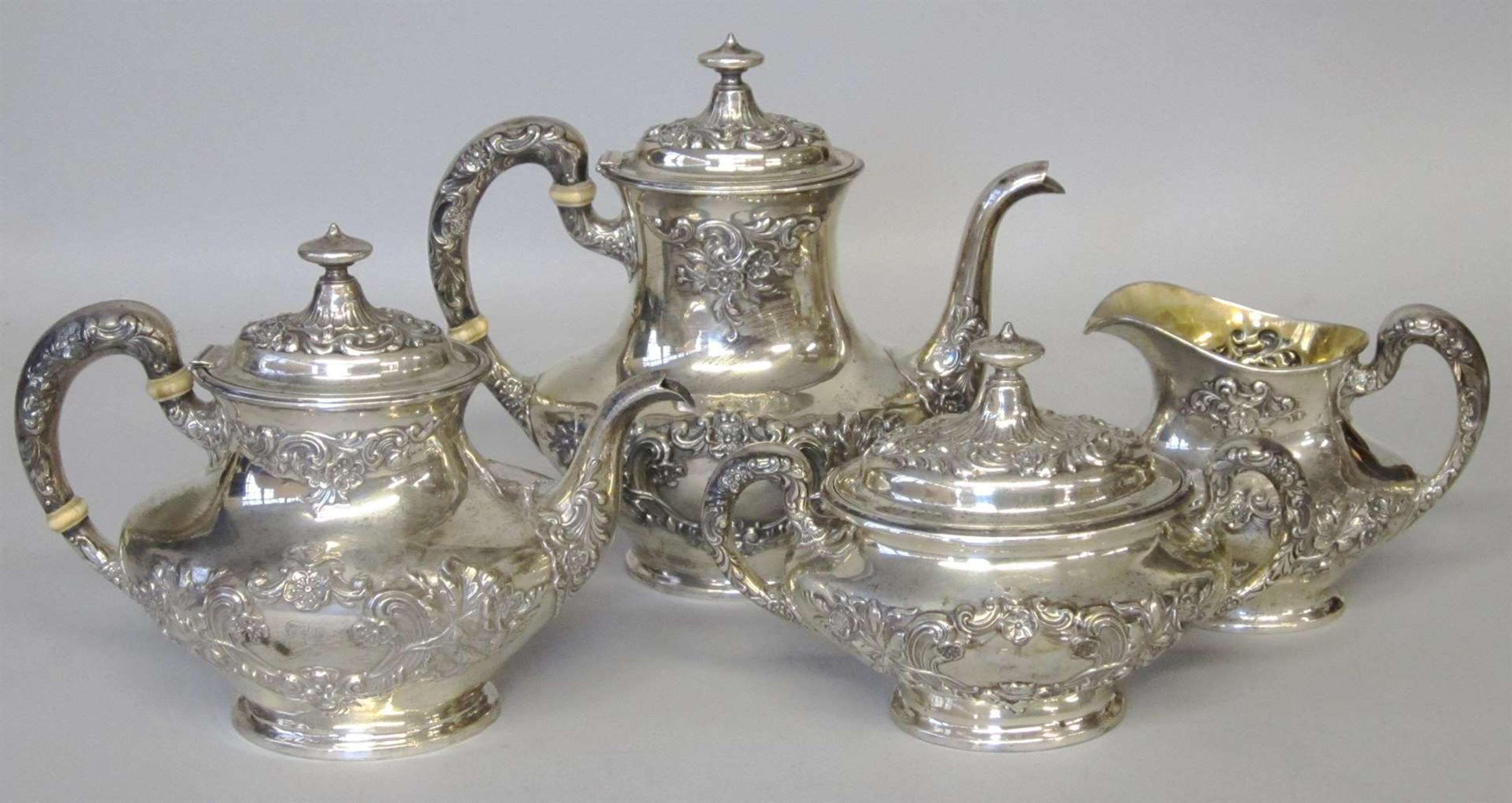 Four piece sterling silver repoussé coffee and tea service gorham corporation, providence, ri, early 20th century