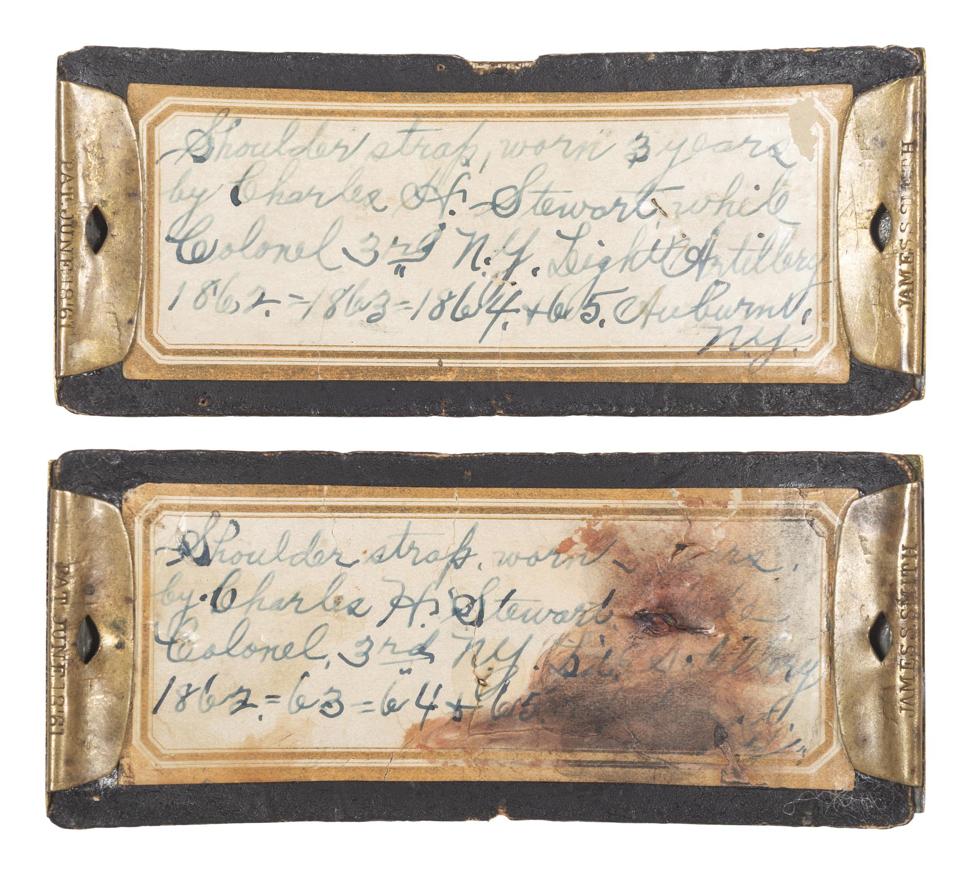 [CIVIL WAR]. Smith patent colonel of artillery shoulder straps identified to Colonel Charles H. Stewart, 3rd New York Light Artillery.