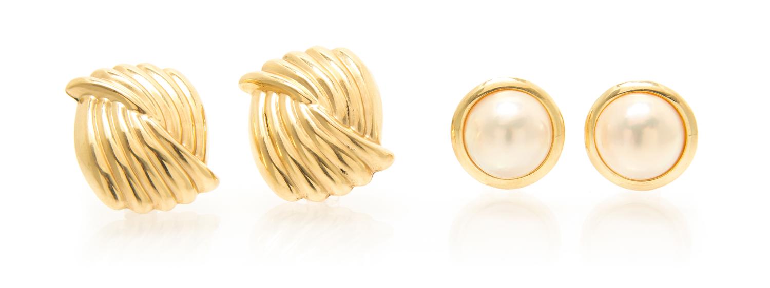A Collection of 14 Karat Yellow Gold and Mabe Pearl Earrings, 11.10 dwts.