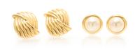 A Collection of 14 Karat Yellow Gold and Mabe Pearl Earrings, 11.10 dwts.