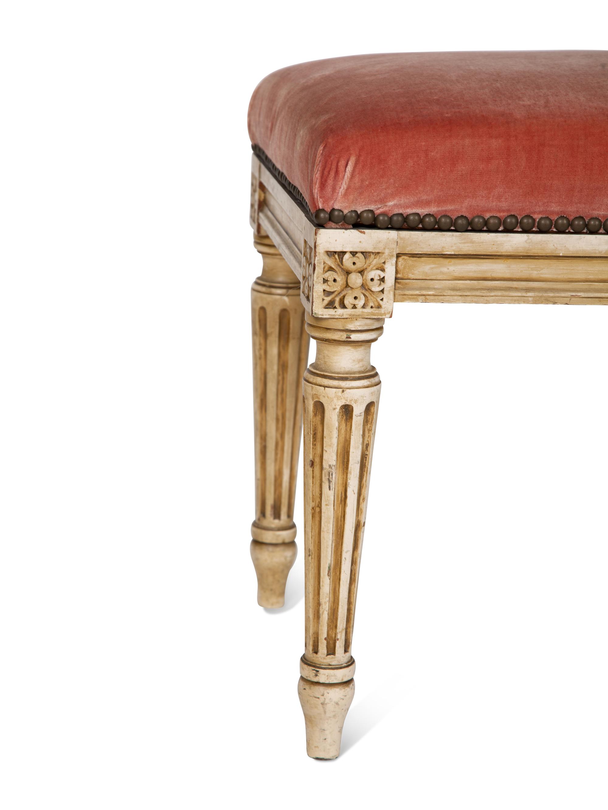 A Louis XVI Style Painted and Velvet-Upholstered Bench