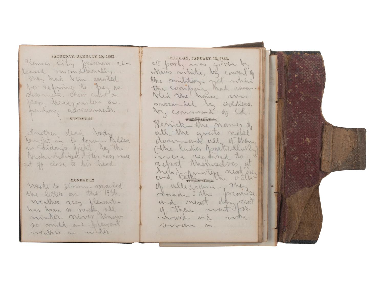 [CIVIL WAR] -- [QUANTRILL'S RAIDERS]. Diary of H.M. McCarty, editor of the Border Star at Westport, Missouri, with entries referencing 1863 clashes between Union soldiers and southern sympathizers, guerilla activity, and Quantrill's Raiders.
